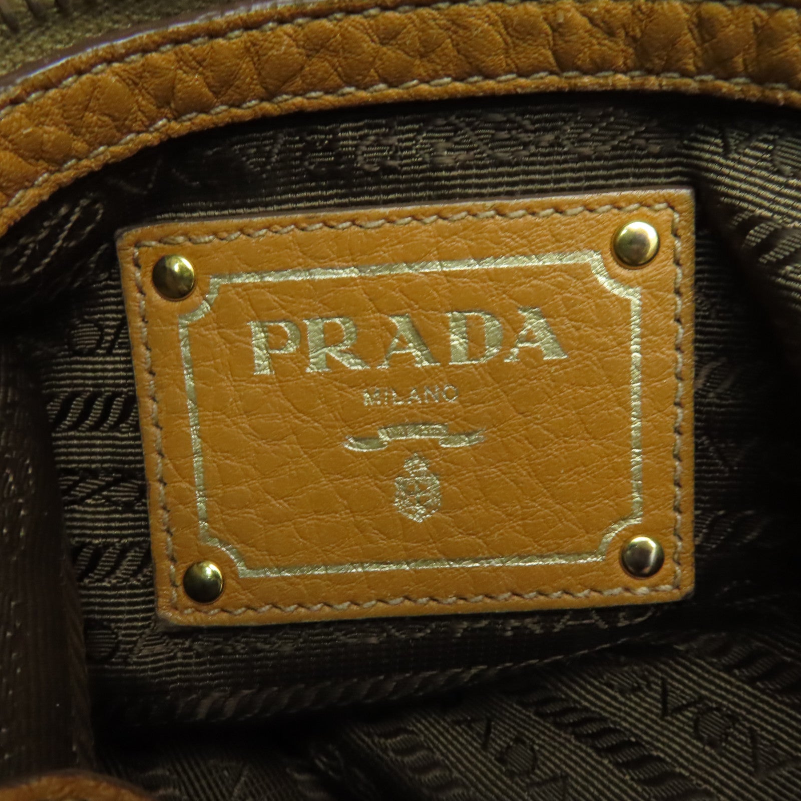 PRADA 牛皮皮革Vitello Phenix金扣手挽肩背兩用袋芥末色