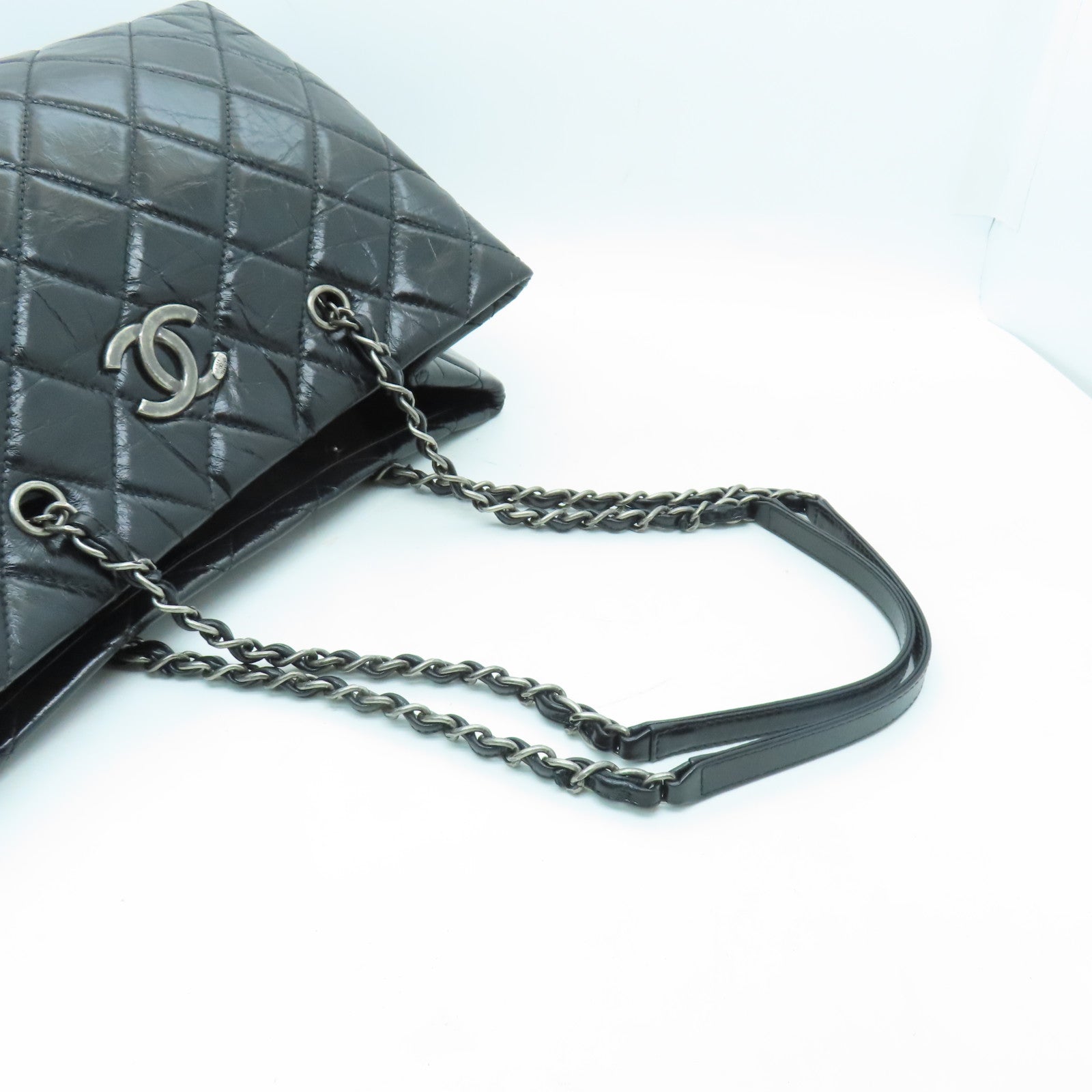 CHANEL 菱格牛皮皮革Shoulder Tote銀扣鏈帶肩背袋黑色