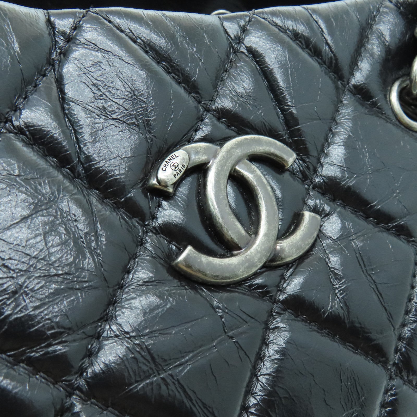 CHANEL 菱格牛皮皮革Shoulder Tote銀扣鏈帶肩背袋黑色