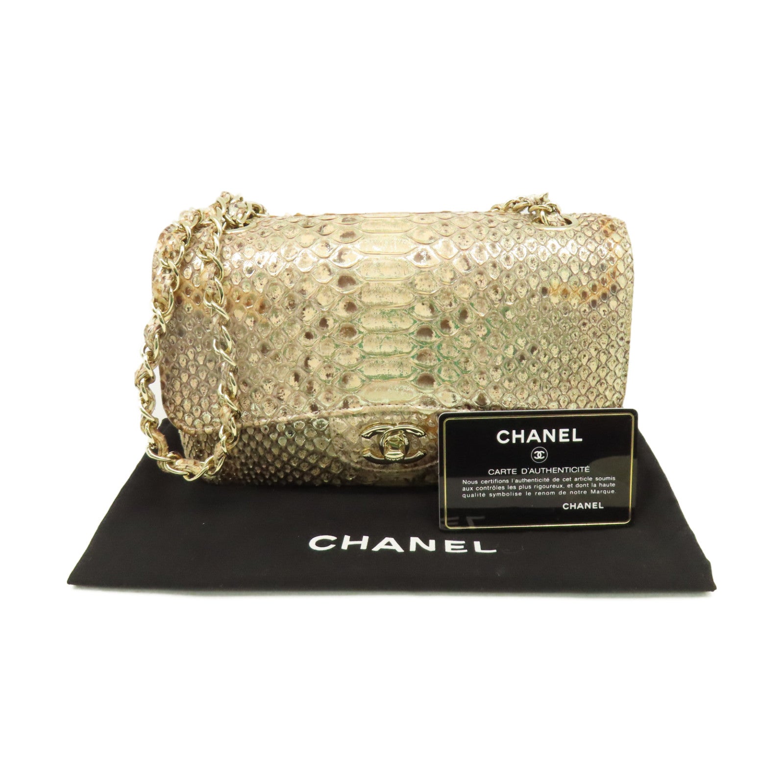 CHANEL 蛇皮皮革Chain Shoulder Bag金扣鏈帶肩背袋杏色
