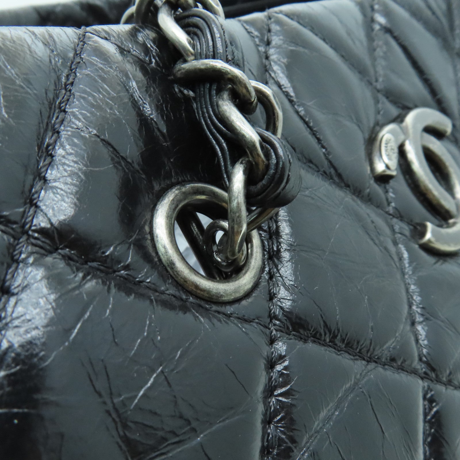CHANEL 菱格牛皮皮革Shoulder Tote銀扣鏈帶肩背袋黑色