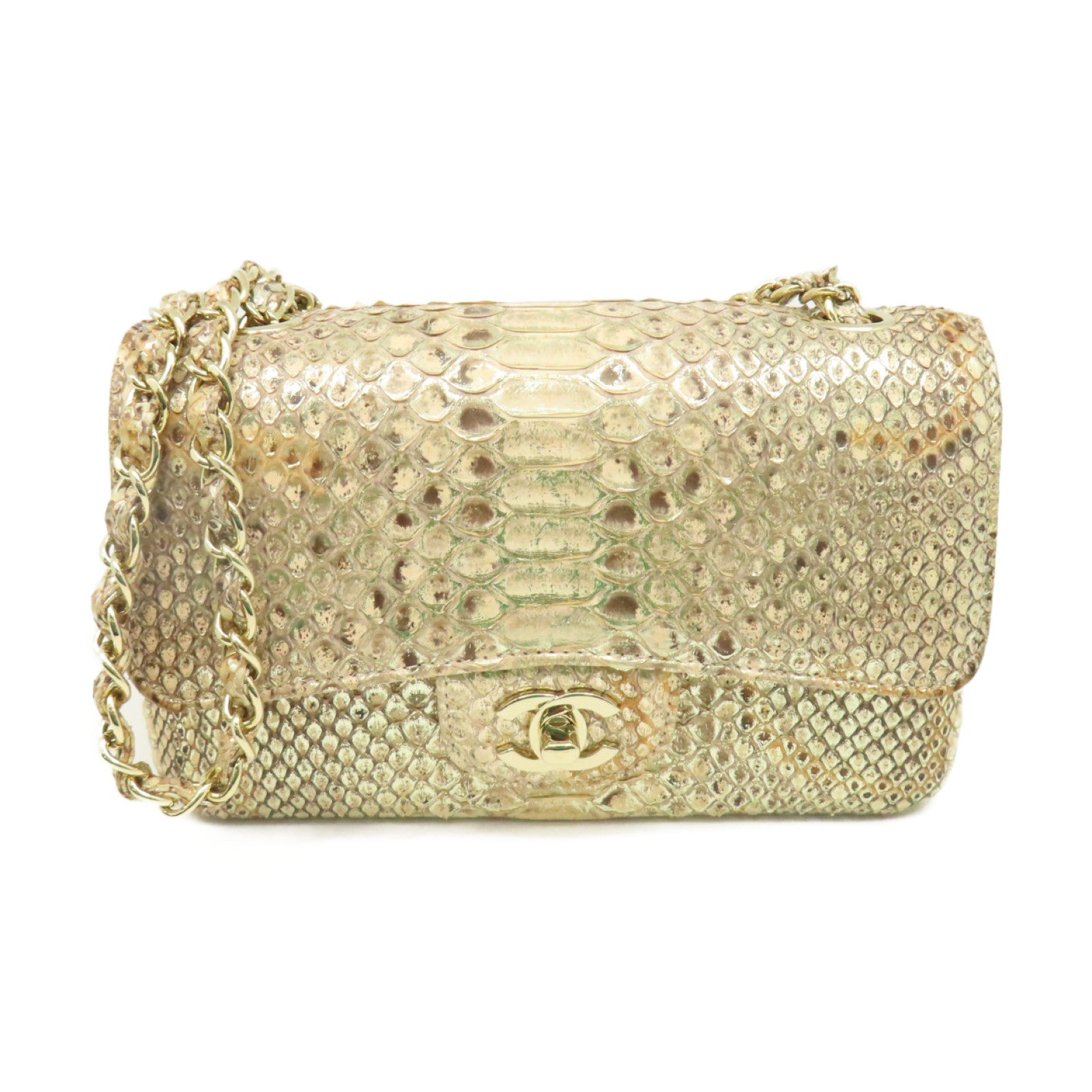 CHANEL 蛇皮皮革Chain Shoulder Bag金扣鏈帶肩背袋杏色