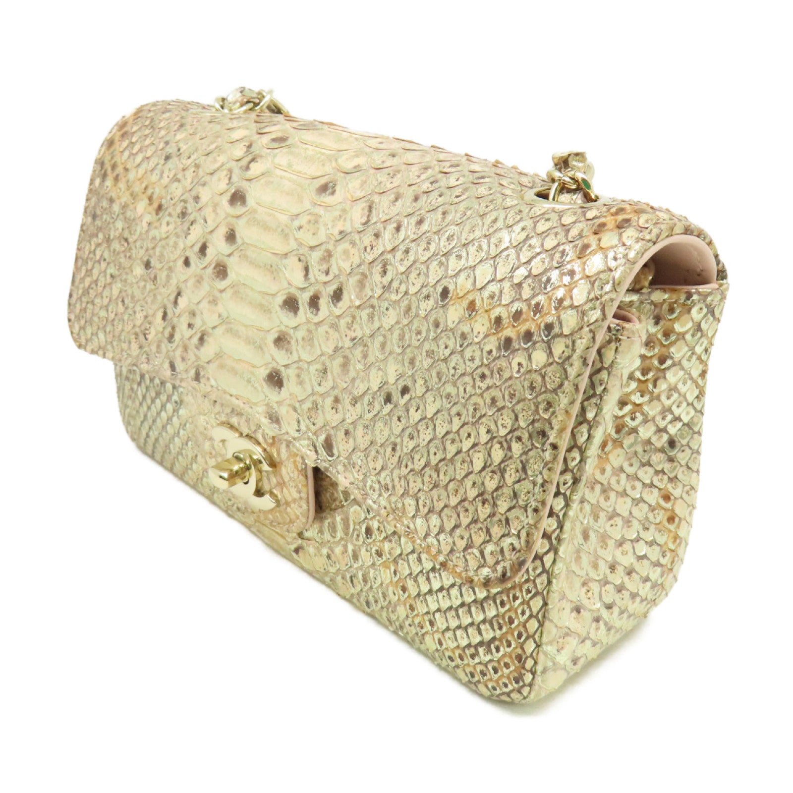 CHANEL 蛇皮皮革Chain Shoulder Bag金扣鏈帶肩背袋杏色