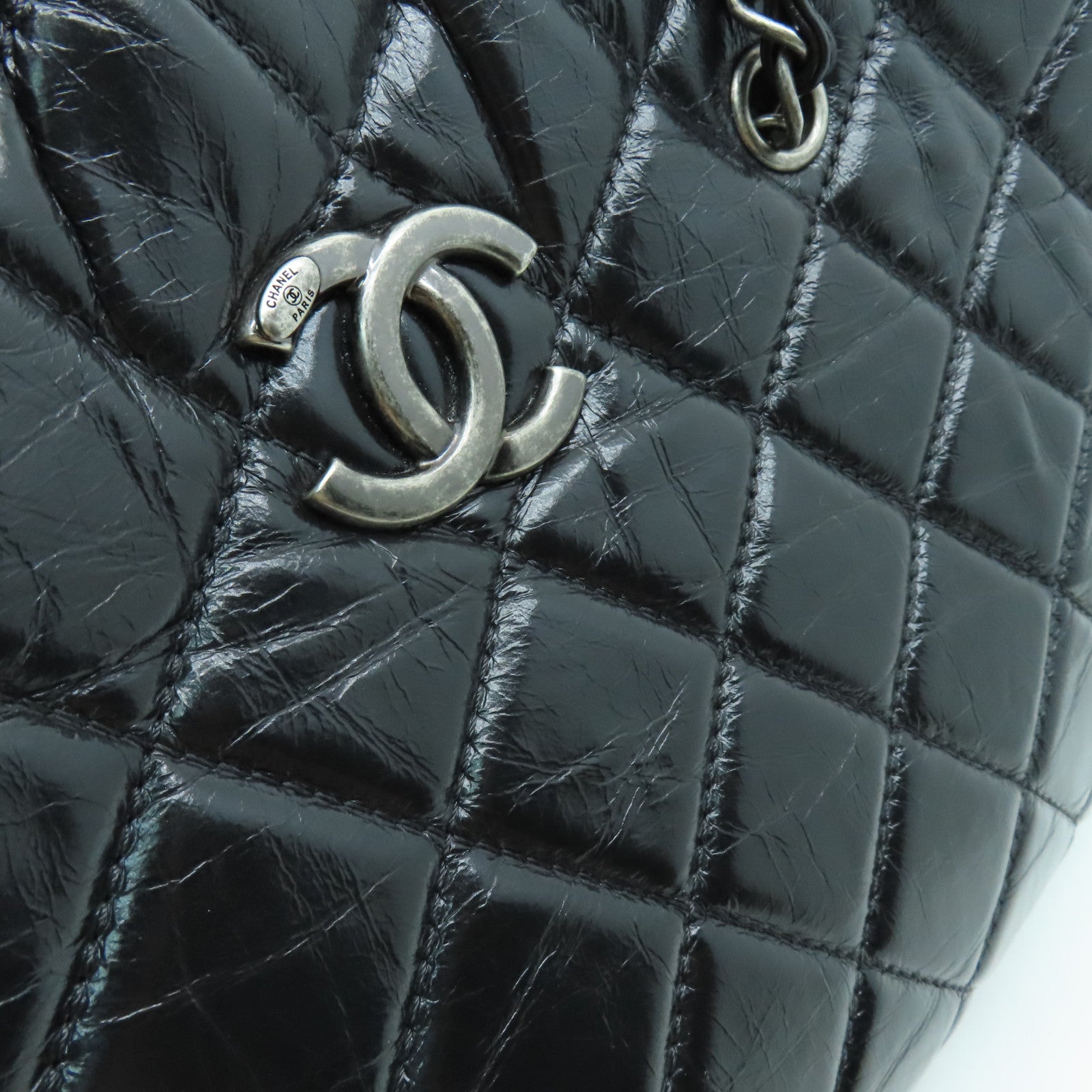 CHANEL 菱格牛皮皮革Shoulder Tote銀扣鏈帶肩背袋黑色