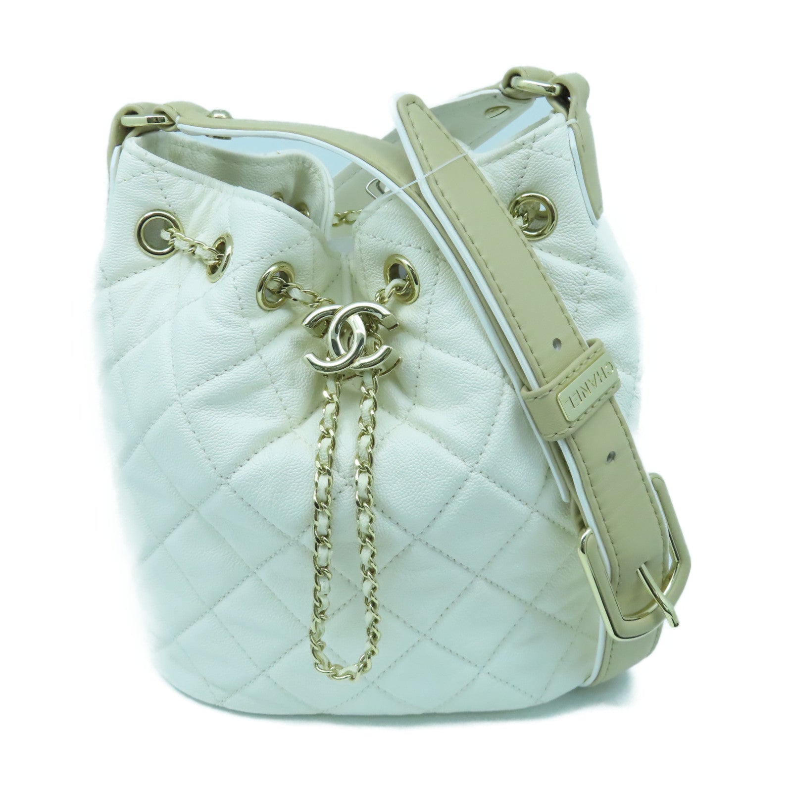 CHANEL 菱格Caviar皮革Shoulder Bag金扣肩背袋白色