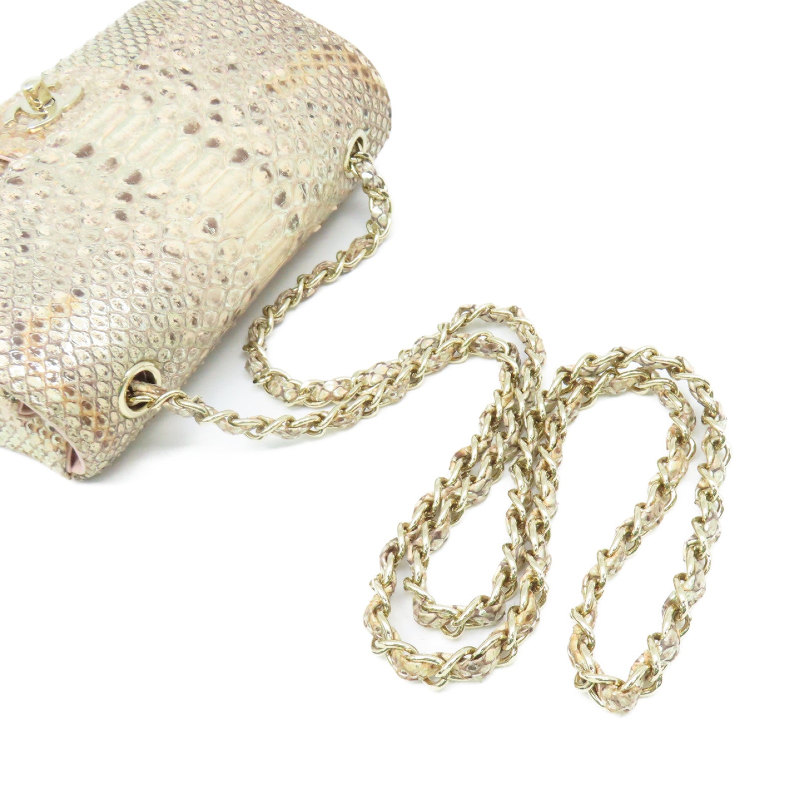 CHANEL 蛇皮皮革Chain Shoulder Bag金扣鏈帶肩背袋杏色