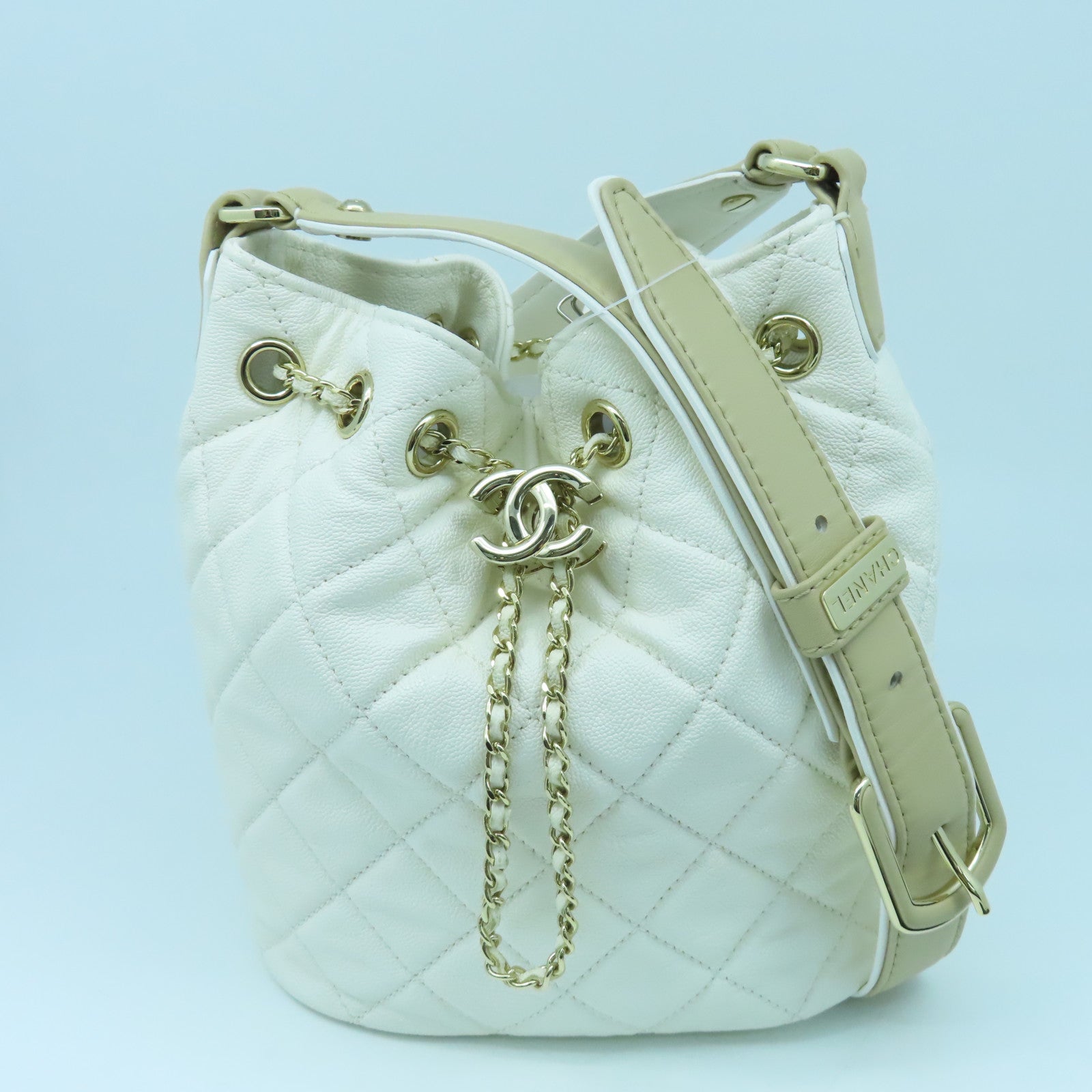 CHANEL 菱格Caviar皮革Shoulder Bag金扣肩背袋白色