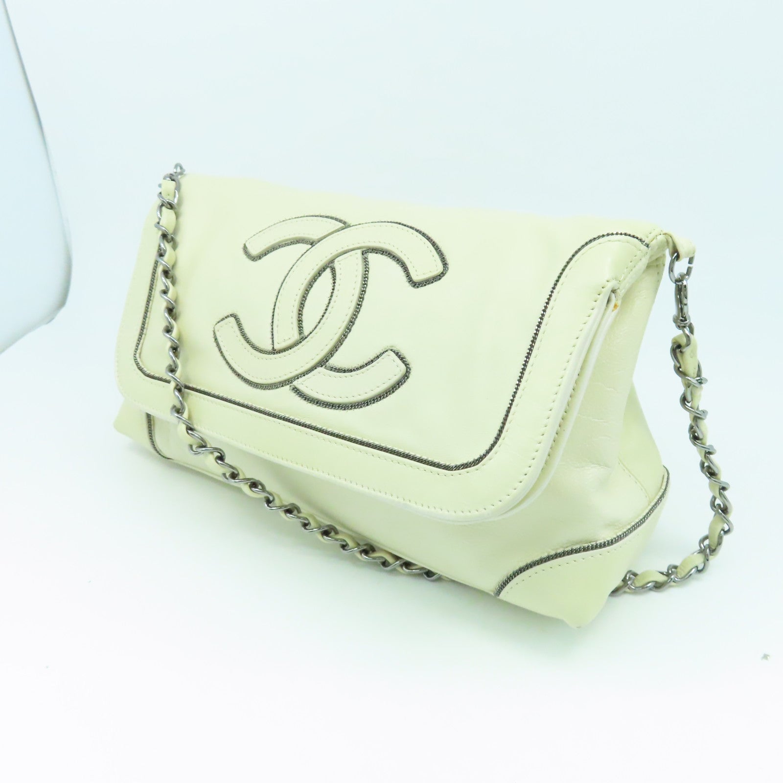 CHANEL 【激減優惠】羊皮皮革2 Way Shoulder Bag銀扣手挽肩背兩用袋米色
