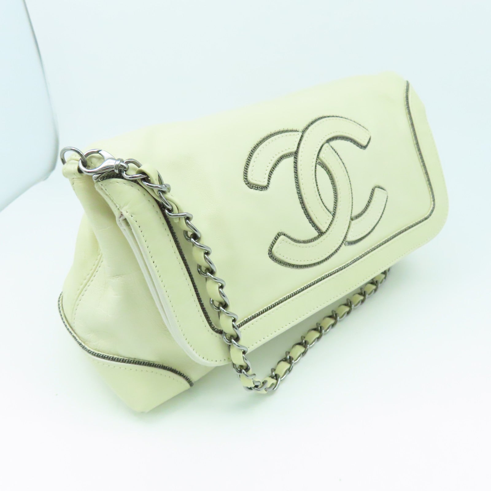 CHANEL 【激減優惠】羊皮皮革2 Way Shoulder Bag銀扣手挽肩背兩用袋米色