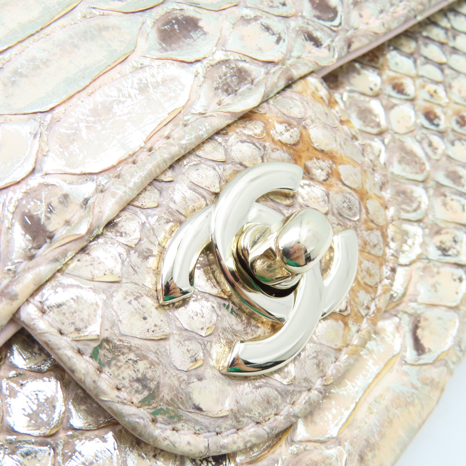 CHANEL 蛇皮皮革Chain Shoulder Bag金扣鏈帶肩背袋杏色