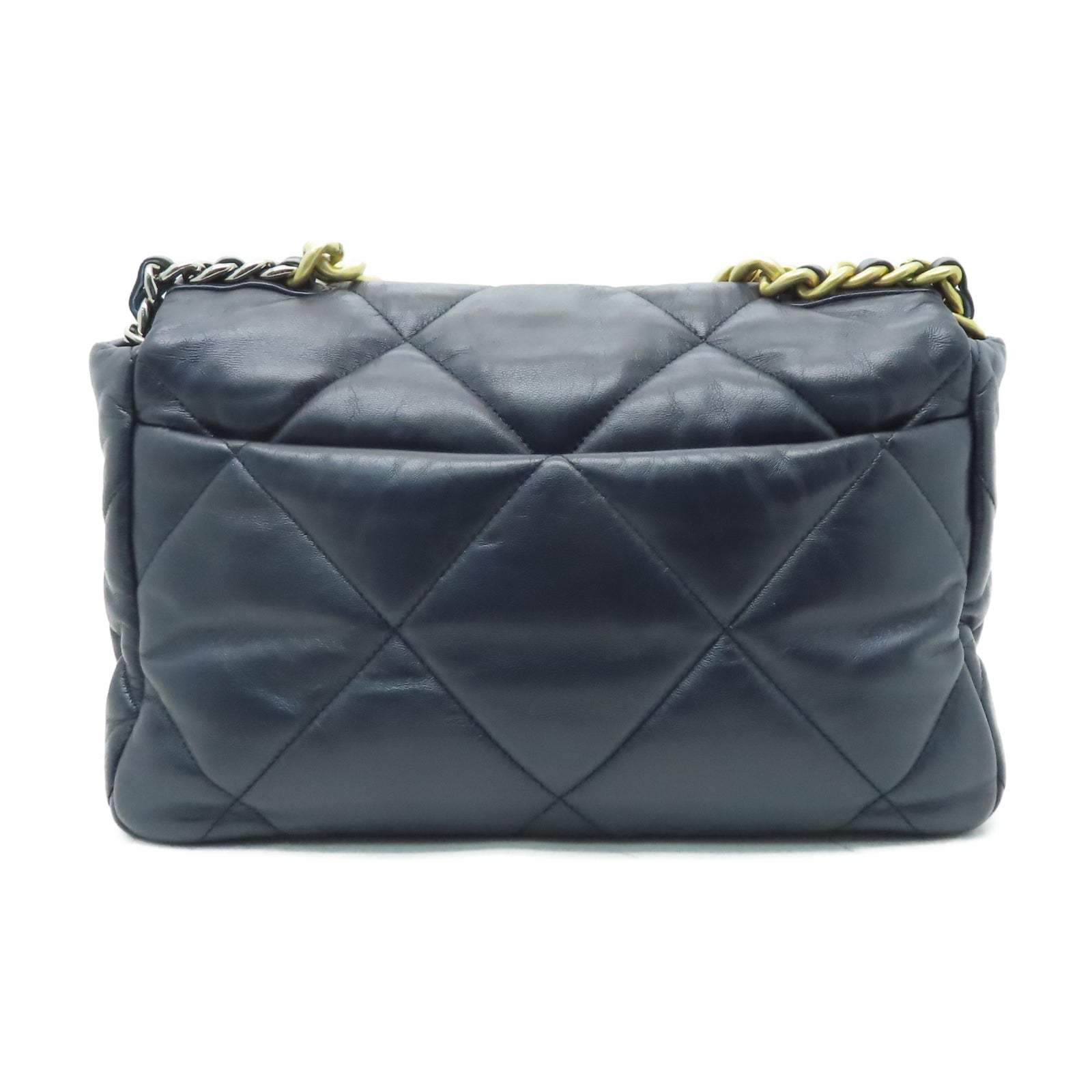 CHANEL 菱格羊皮皮革Shoulder Bag金扣/銀扣鏈帶肩背袋深藍色