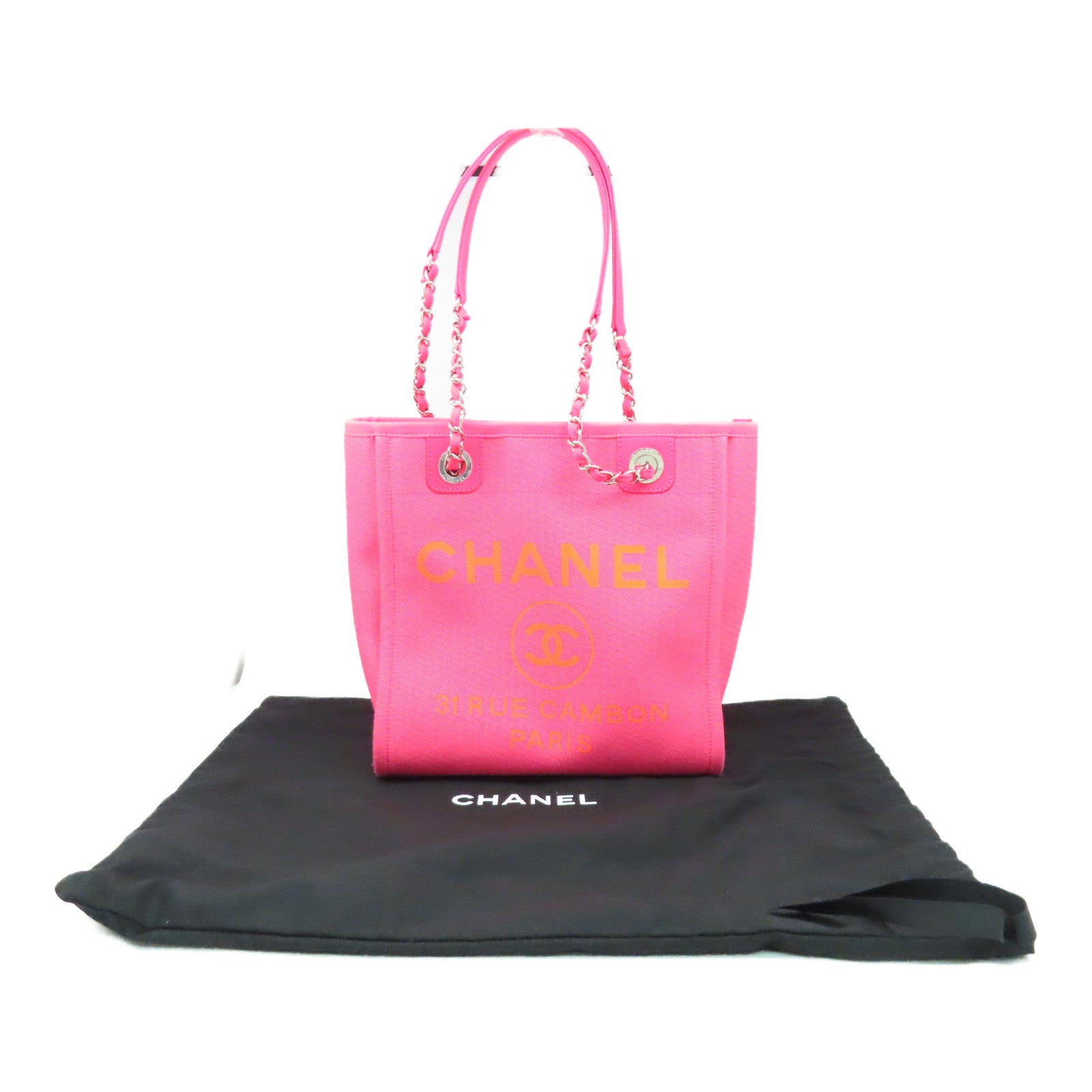 CHANEL 帆布Deauville PM銀扣手挽袋粉紅色