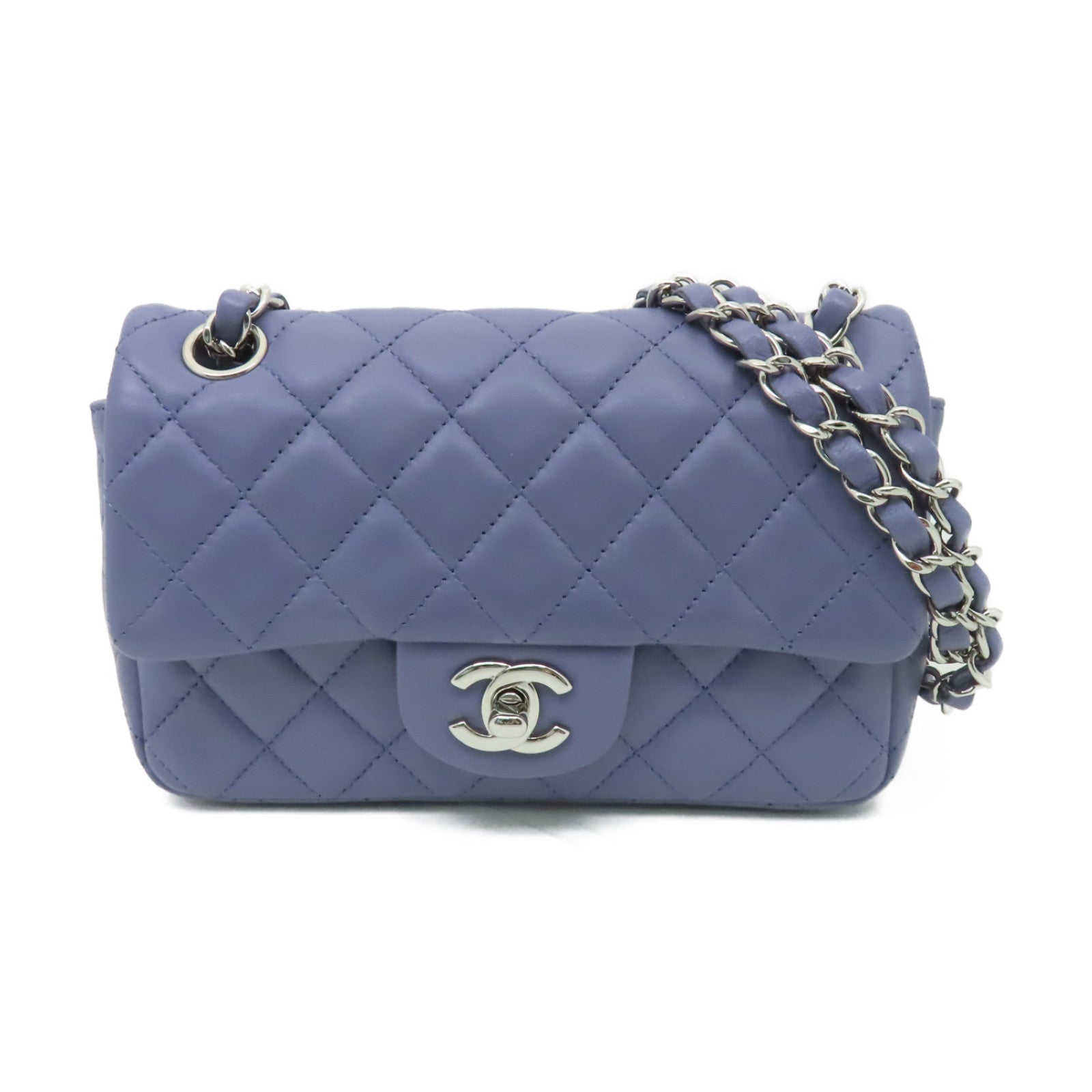 CHANEL 菱格羊皮皮革Chain Shoulder銀扣鏈帶肩背袋紫色