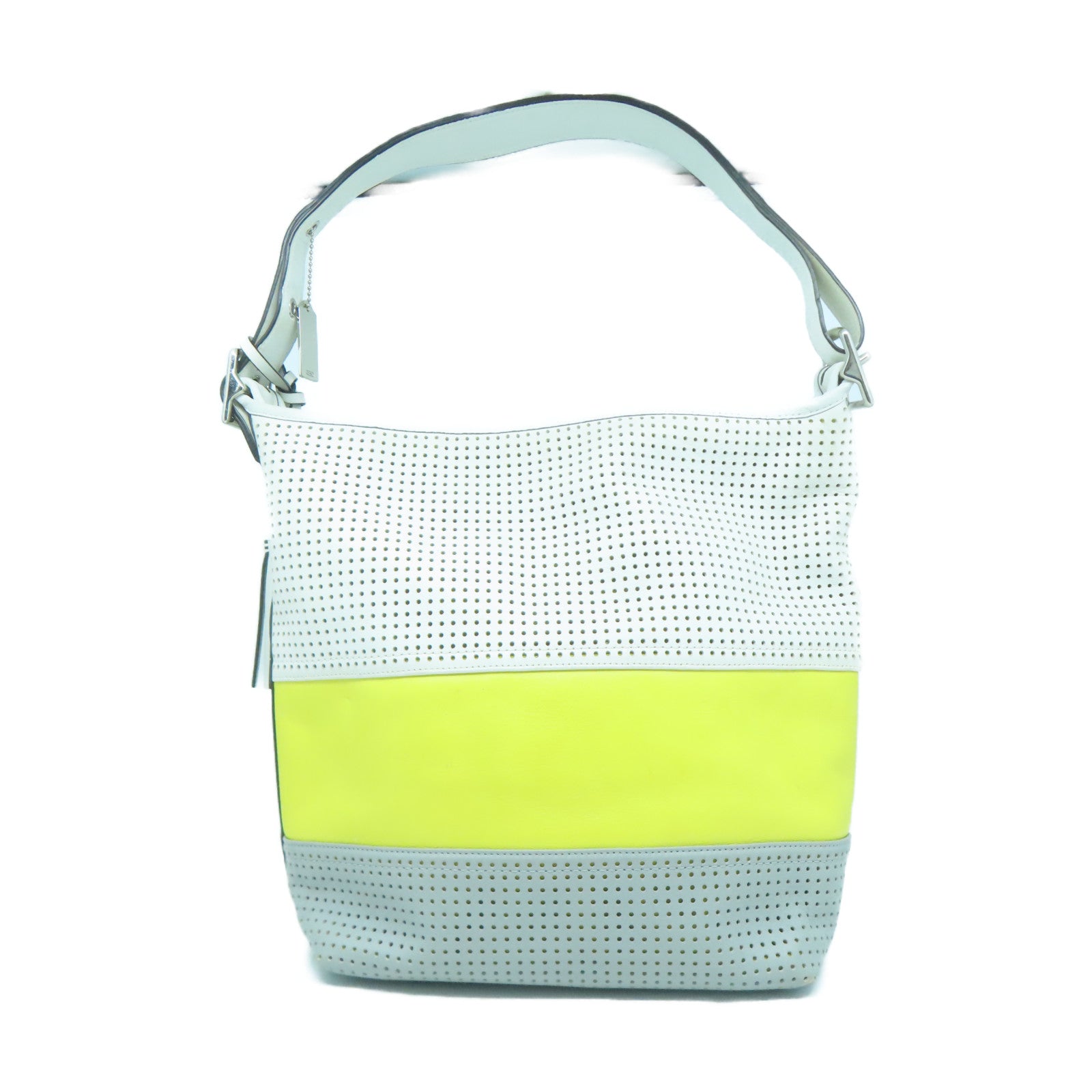COACH 牛皮皮革Tote Bag銀扣肩背袋灰色/黃色