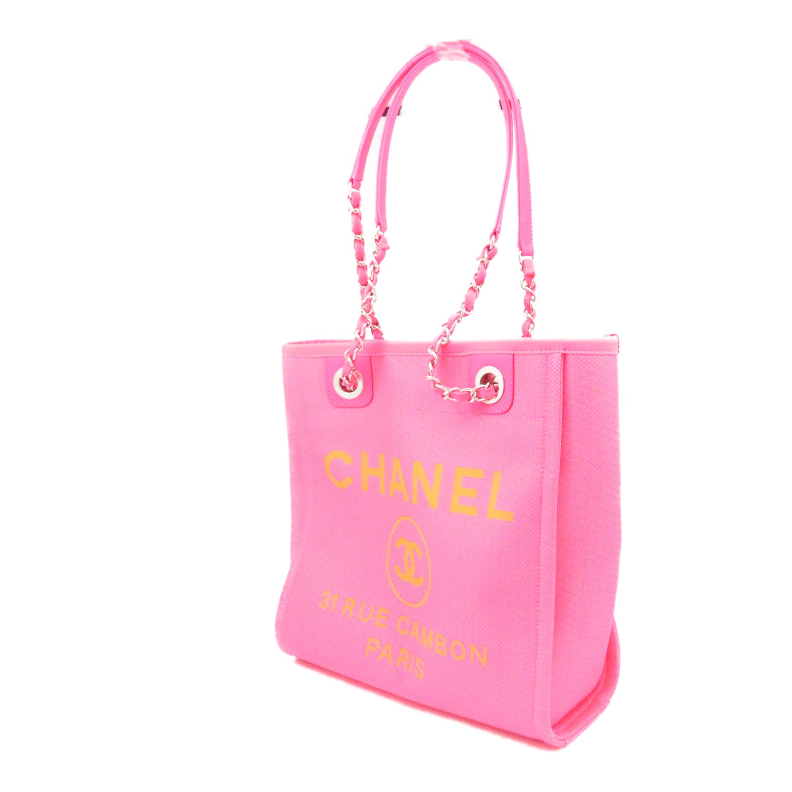 CHANEL 帆布Deauville PM銀扣手挽袋粉紅色