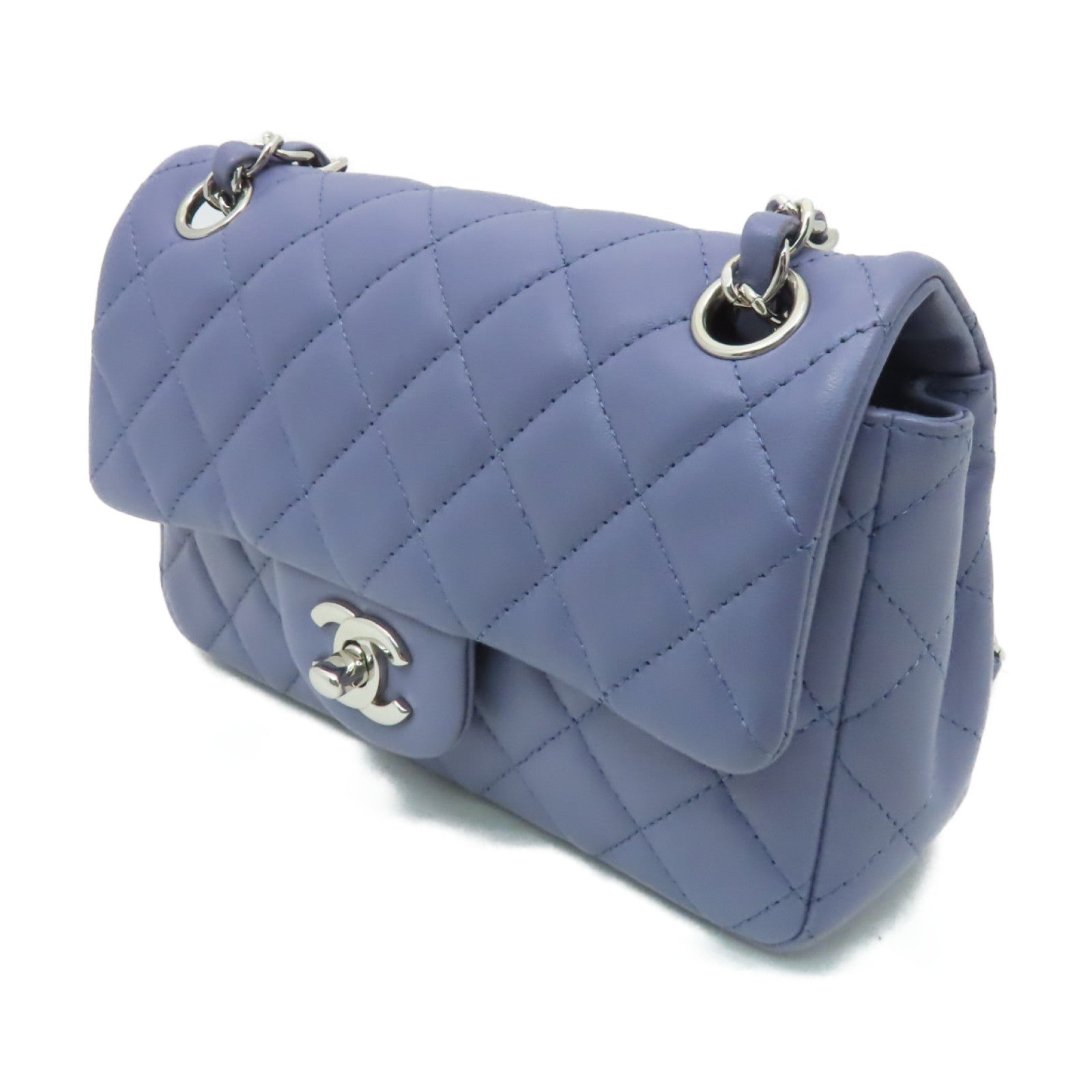 CHANEL 菱格羊皮皮革Chain Shoulder銀扣鏈帶肩背袋紫色