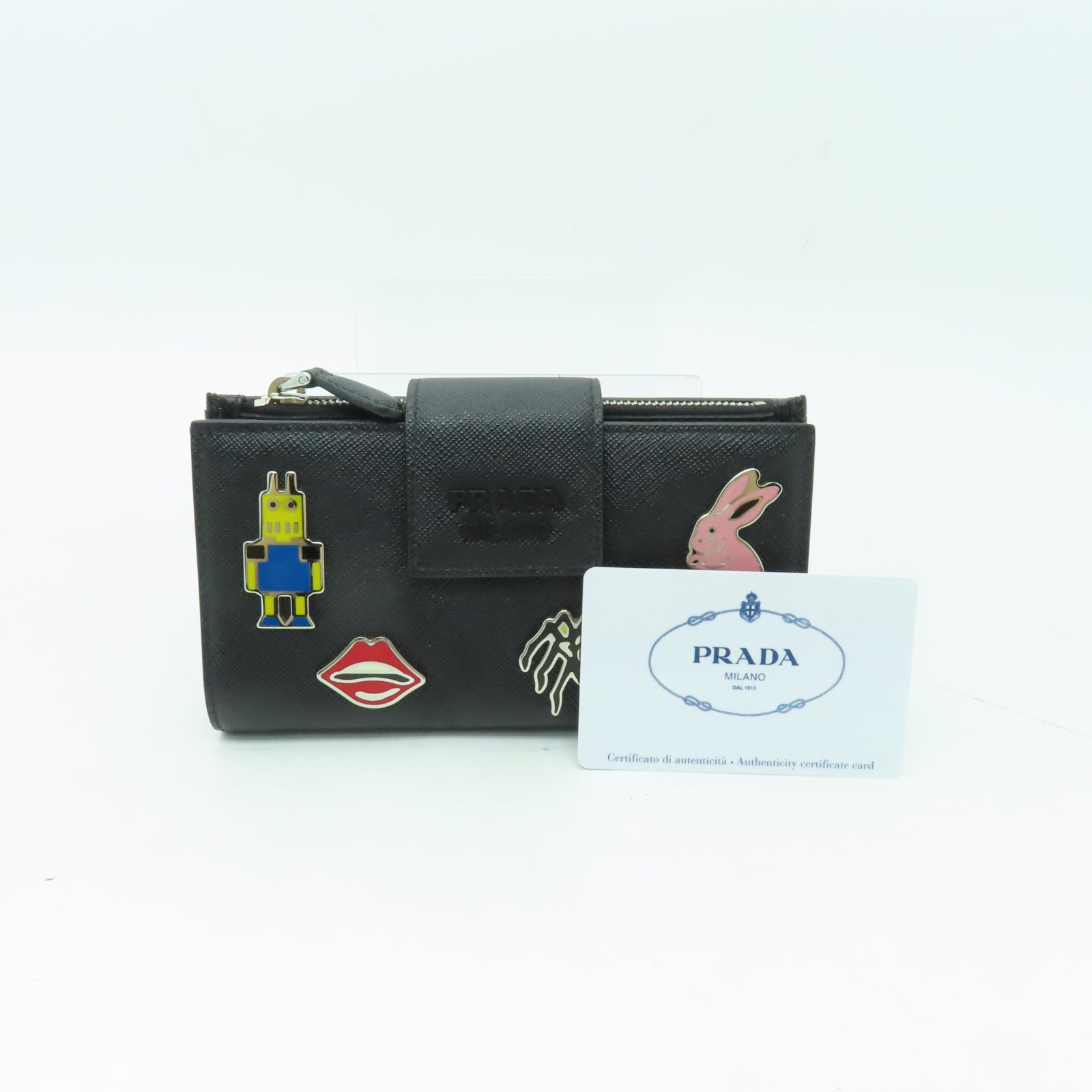 PRADA Saffiano皮革Wallet銀扣長錢包黑色
