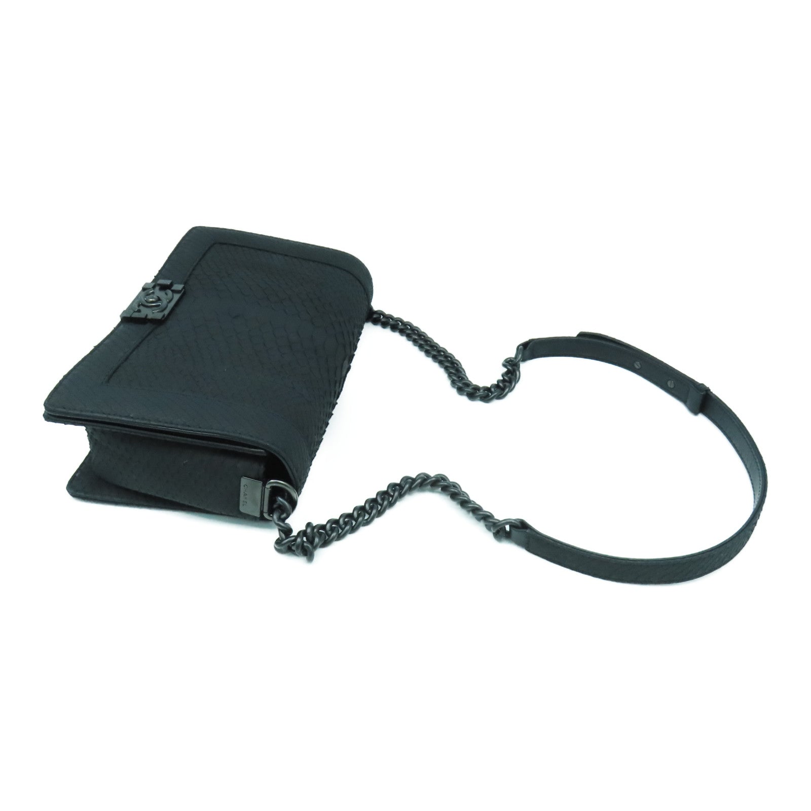 CHANEL 蛇皮皮革Boy Chain Shoulder黑扣鏈帶肩背袋黑色