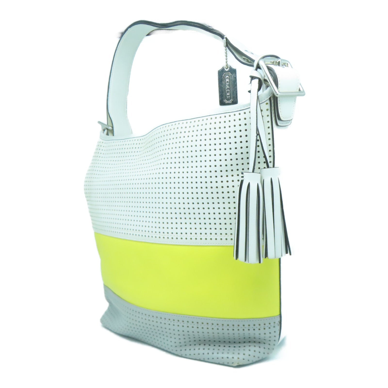 COACH 牛皮皮革Tote Bag銀扣肩背袋灰色/黃色