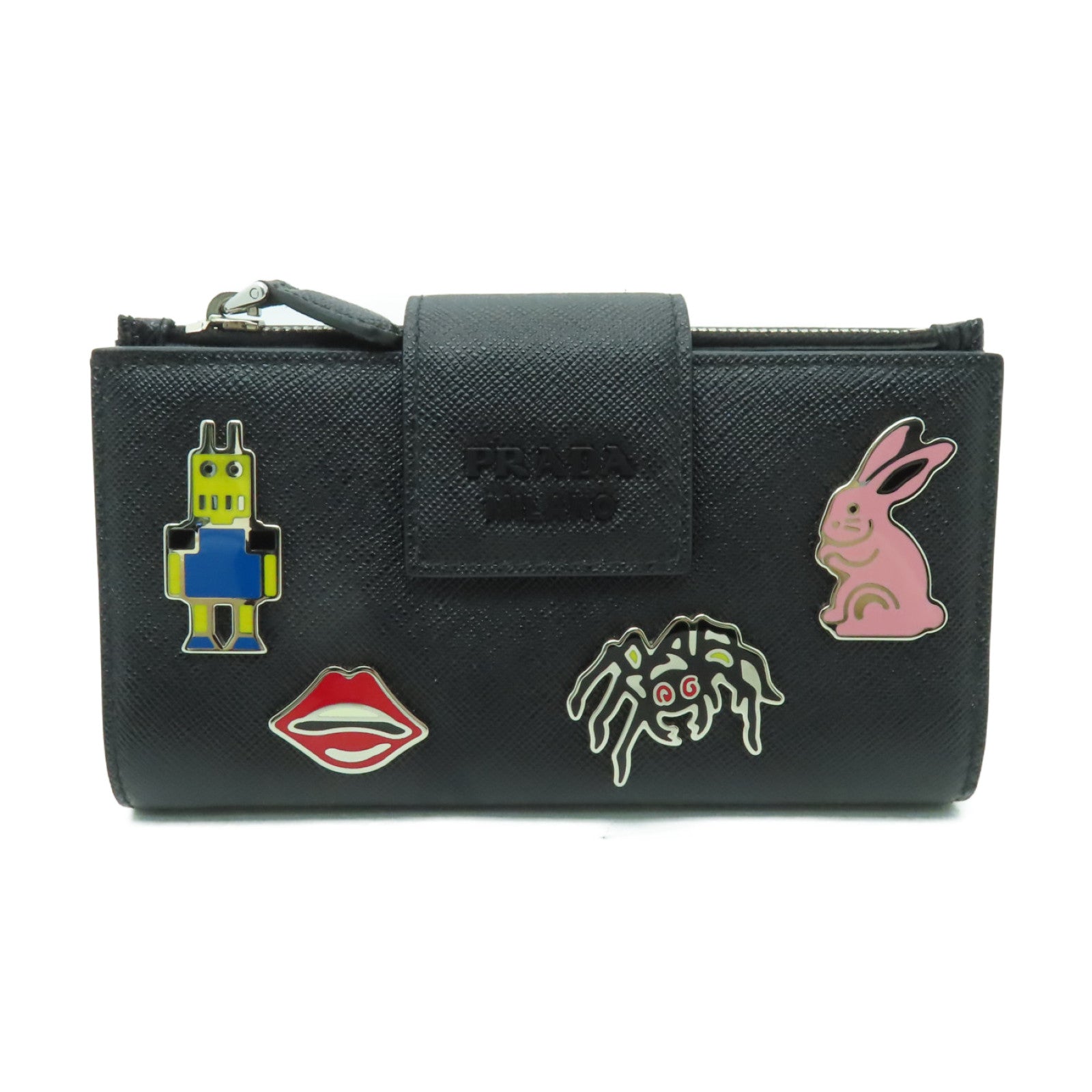 PRADA Saffiano皮革Wallet銀扣長錢包黑色