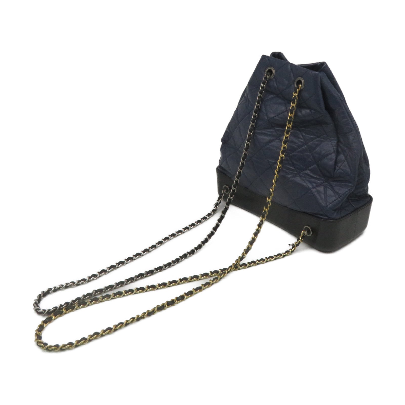 CHANEL Diamond Sheepskin Leather Backpack Silver Buckle Chain Strap Shoulder Bag Blue/Black