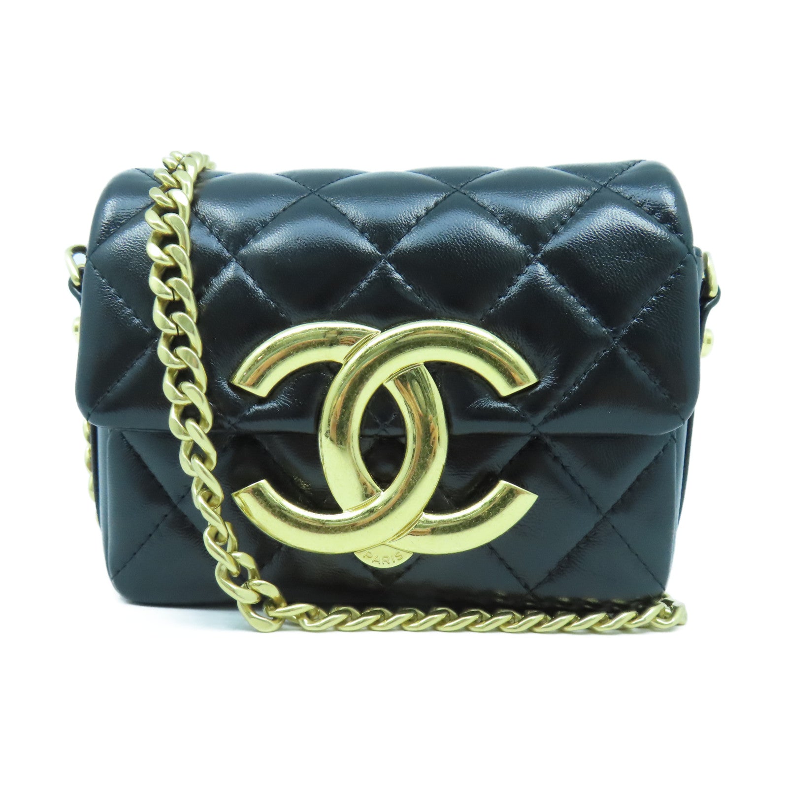 CHANEL 菱格皮革Mini Chain Bag金扣鏈帶肩背袋黑色