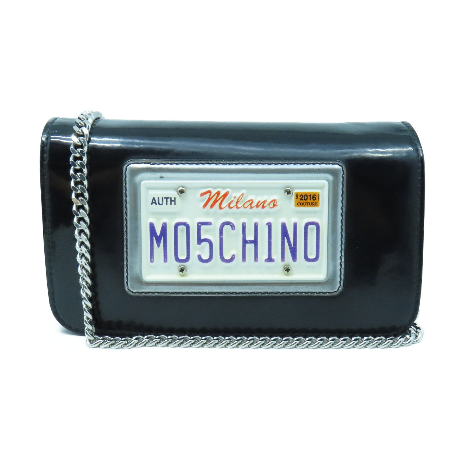 MOSCHINO 漆皮皮革Shoulder Bag银扣链带肩背袋黑色