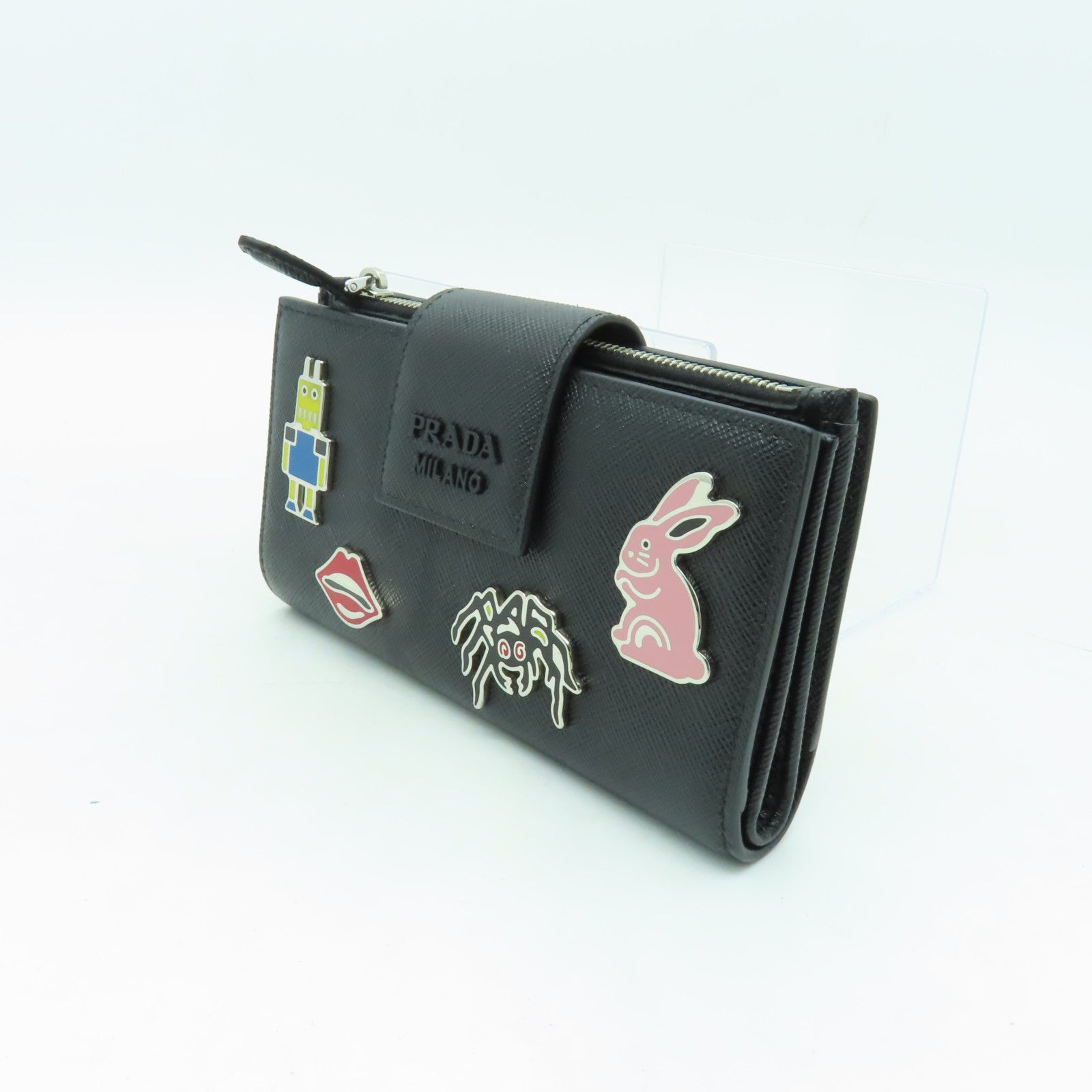 PRADA Saffiano皮革Wallet銀扣長錢包黑色