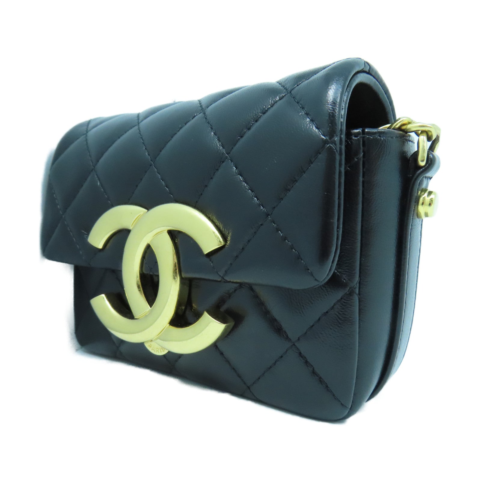 CHANEL 菱格皮革Mini Chain Bag金扣鏈帶肩背袋黑色