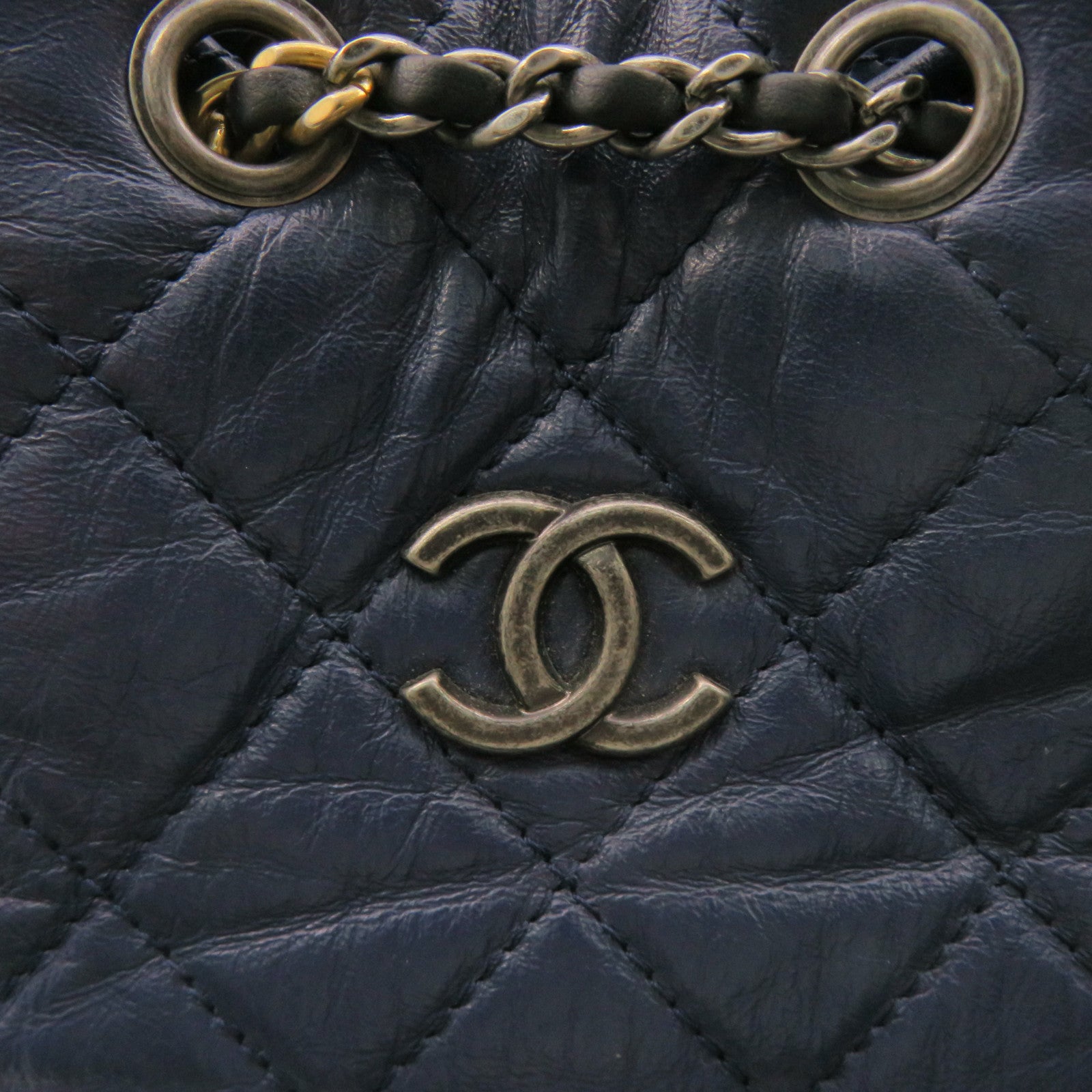 CHANEL Diamond Sheepskin Leather Backpack Silver Buckle Chain Strap Shoulder Bag Blue/Black