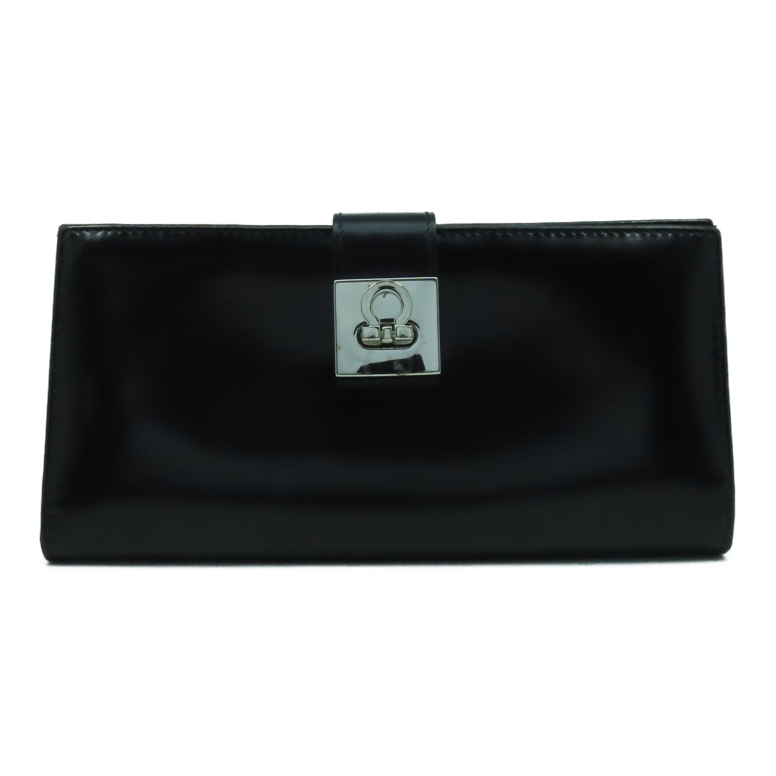 Salvatore Ferragamo 漆皮皮革Long Wallet銀扣長錢包黑色