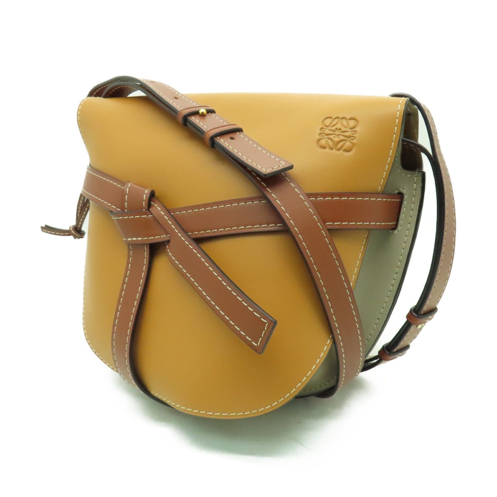 LOEWE 牛皮皮革Gate金扣肩背袋啡色/灰色