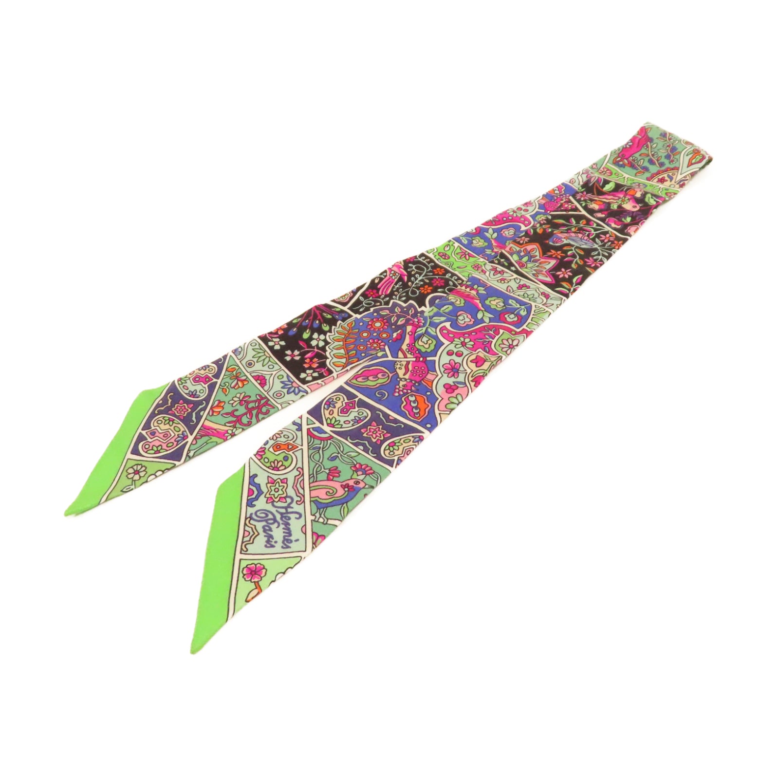 HERMES 絲質Twilly絲巾綠色/黑色
