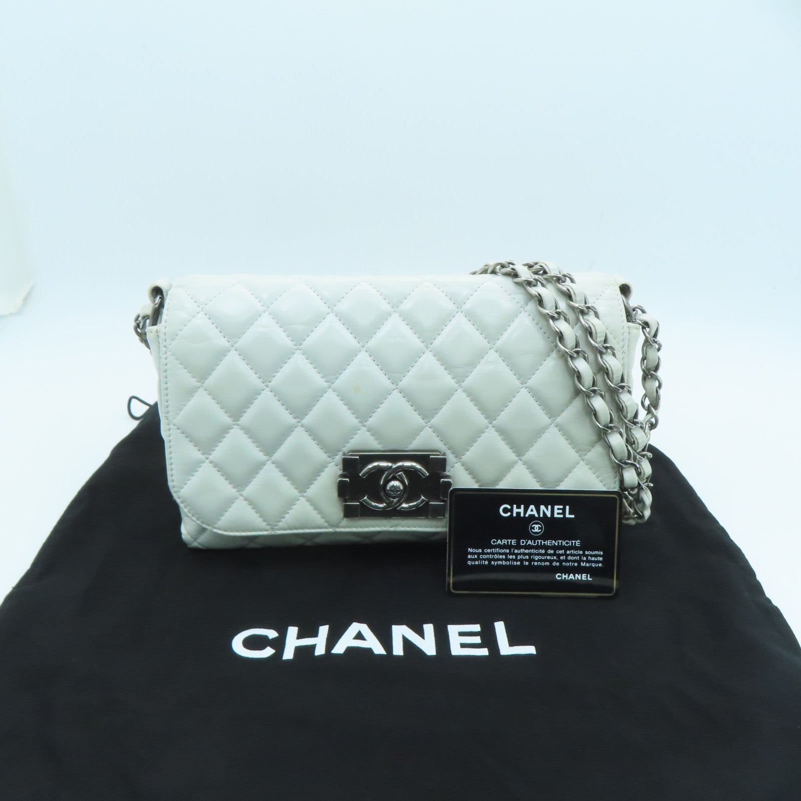 CHANEL 菱格牛皮皮革Shoulder Bag銀扣鏈帶肩背袋白色