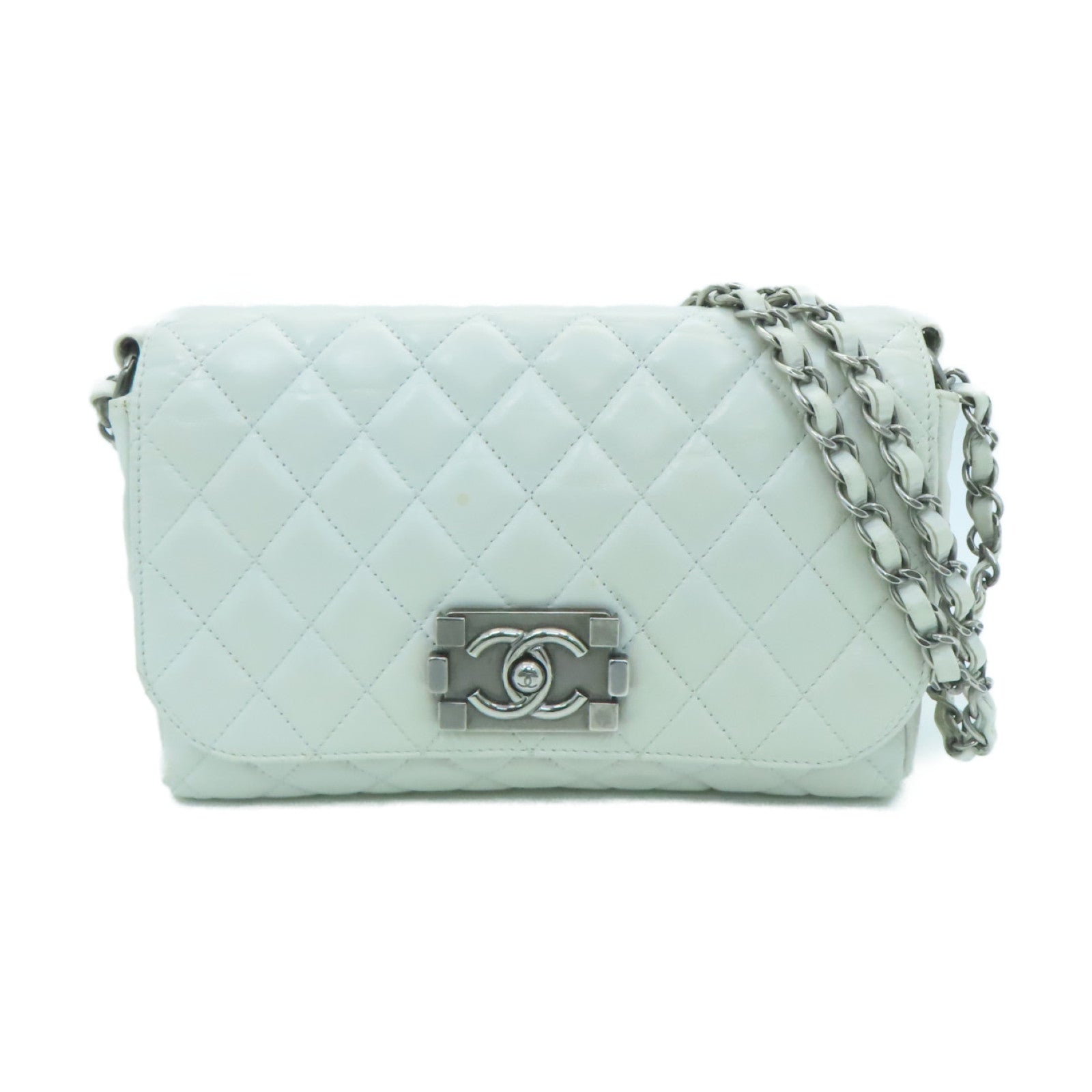 CHANEL 菱格牛皮皮革Shoulder Bag銀扣鏈帶肩背袋白色