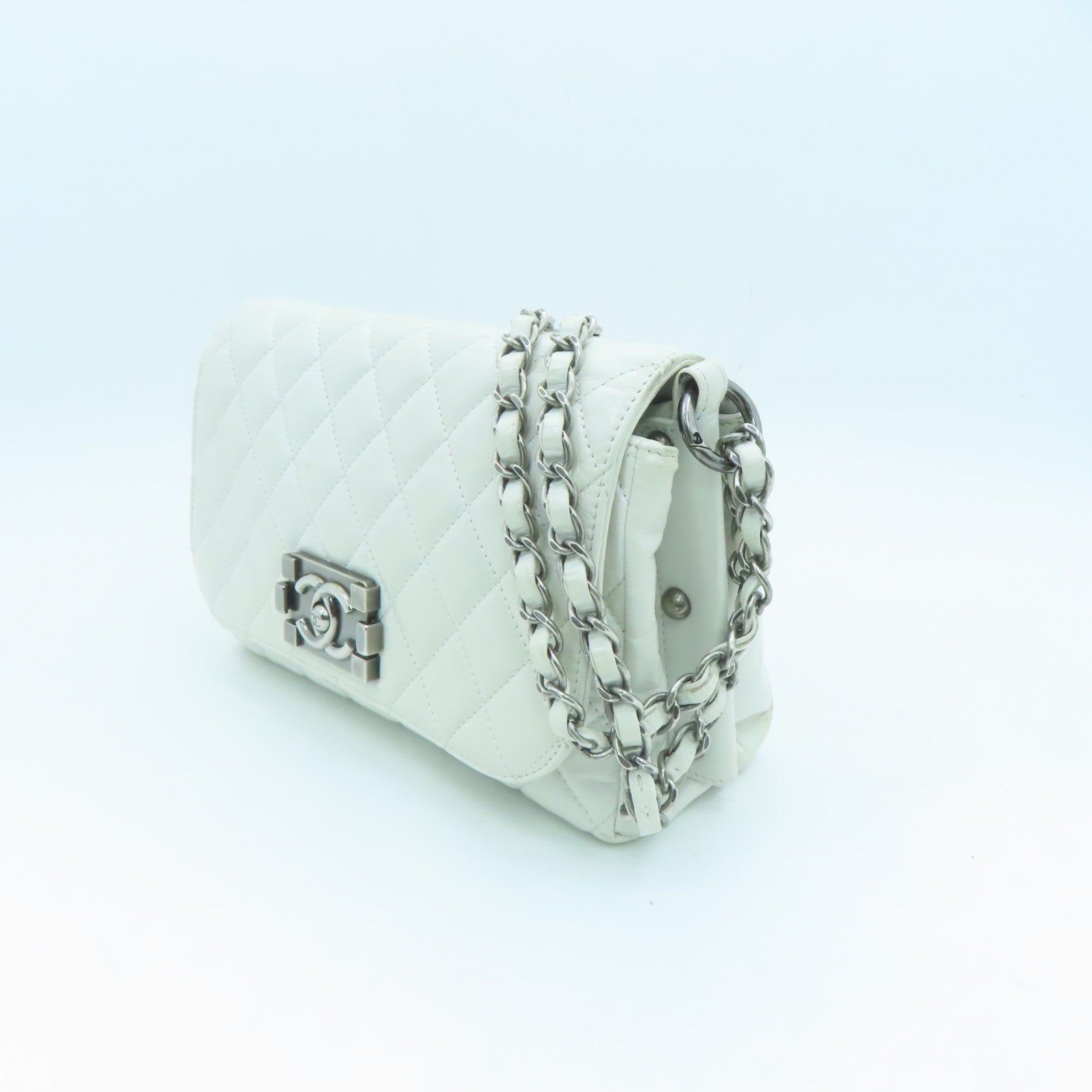 CHANEL 菱格牛皮皮革Shoulder Bag銀扣鏈帶肩背袋白色