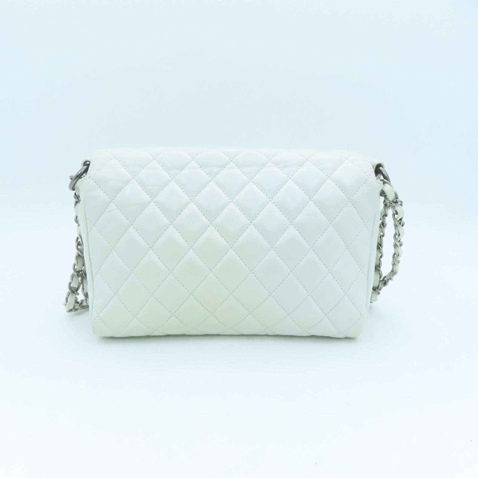 CHANEL 菱格牛皮皮革Shoulder Bag銀扣鏈帶肩背袋白色