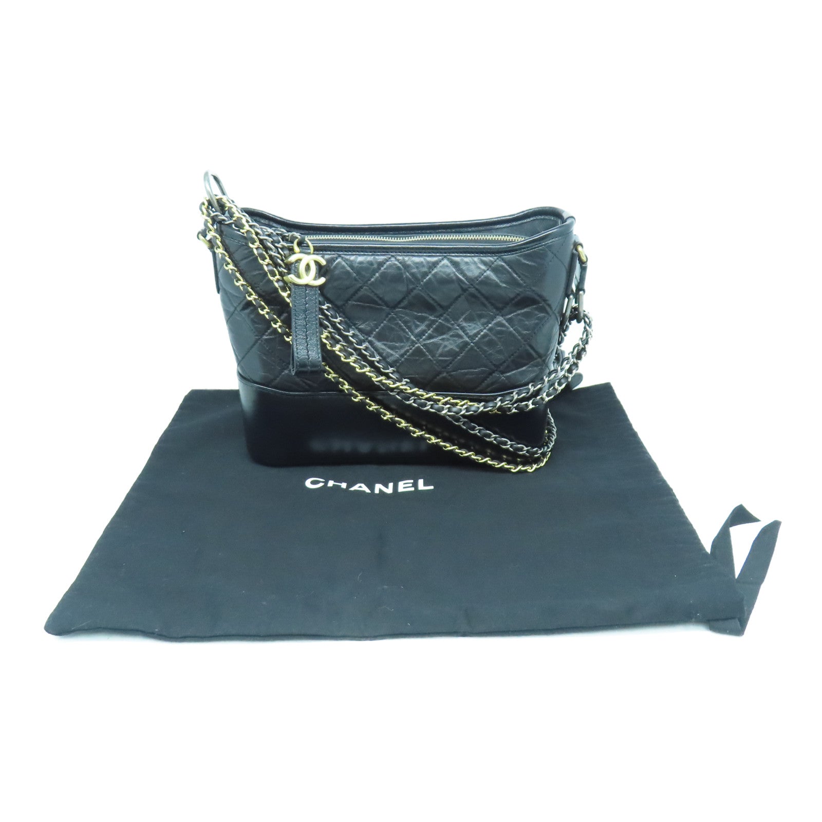 CHANEL rhombic cowhide leather Gabrielle gold and silver buckle chain shoulder bag black