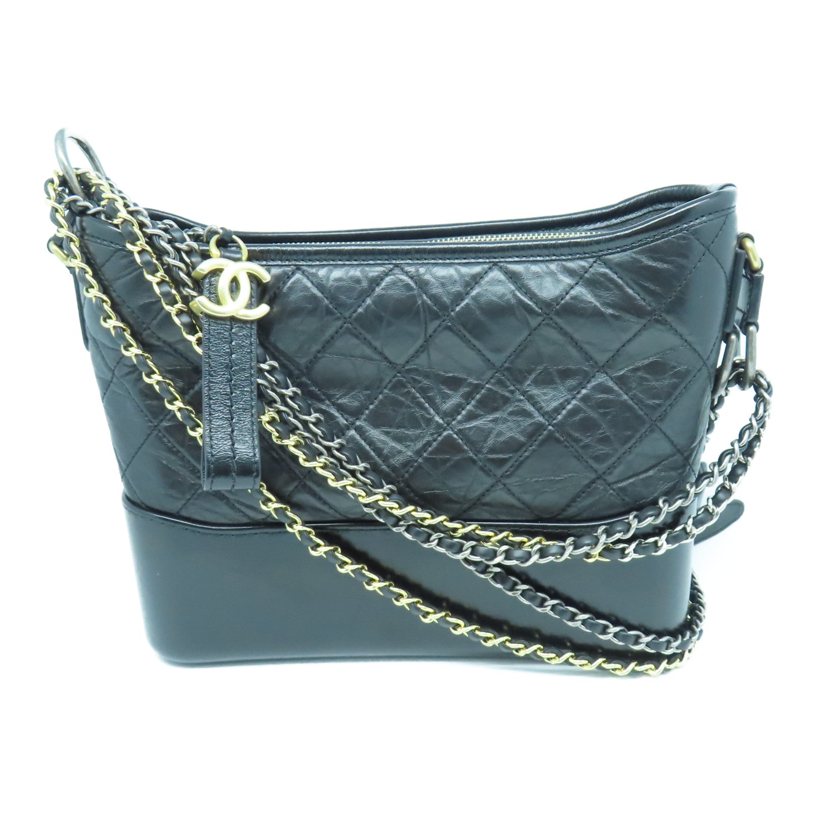 CHANEL rhombic cowhide leather Gabrielle gold and silver buckle chain shoulder bag black