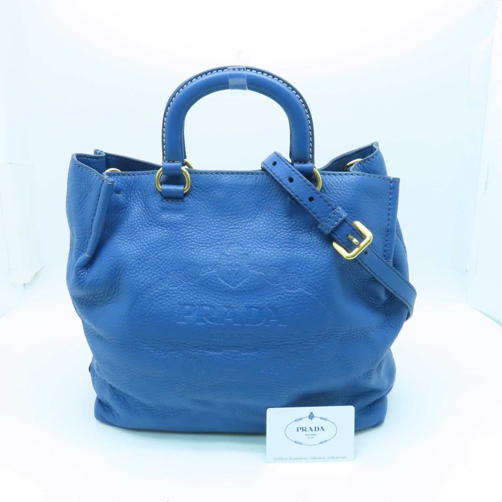 PRADA cowhide leather Shoulder Bag gold buckle handle shoulder bag blue
