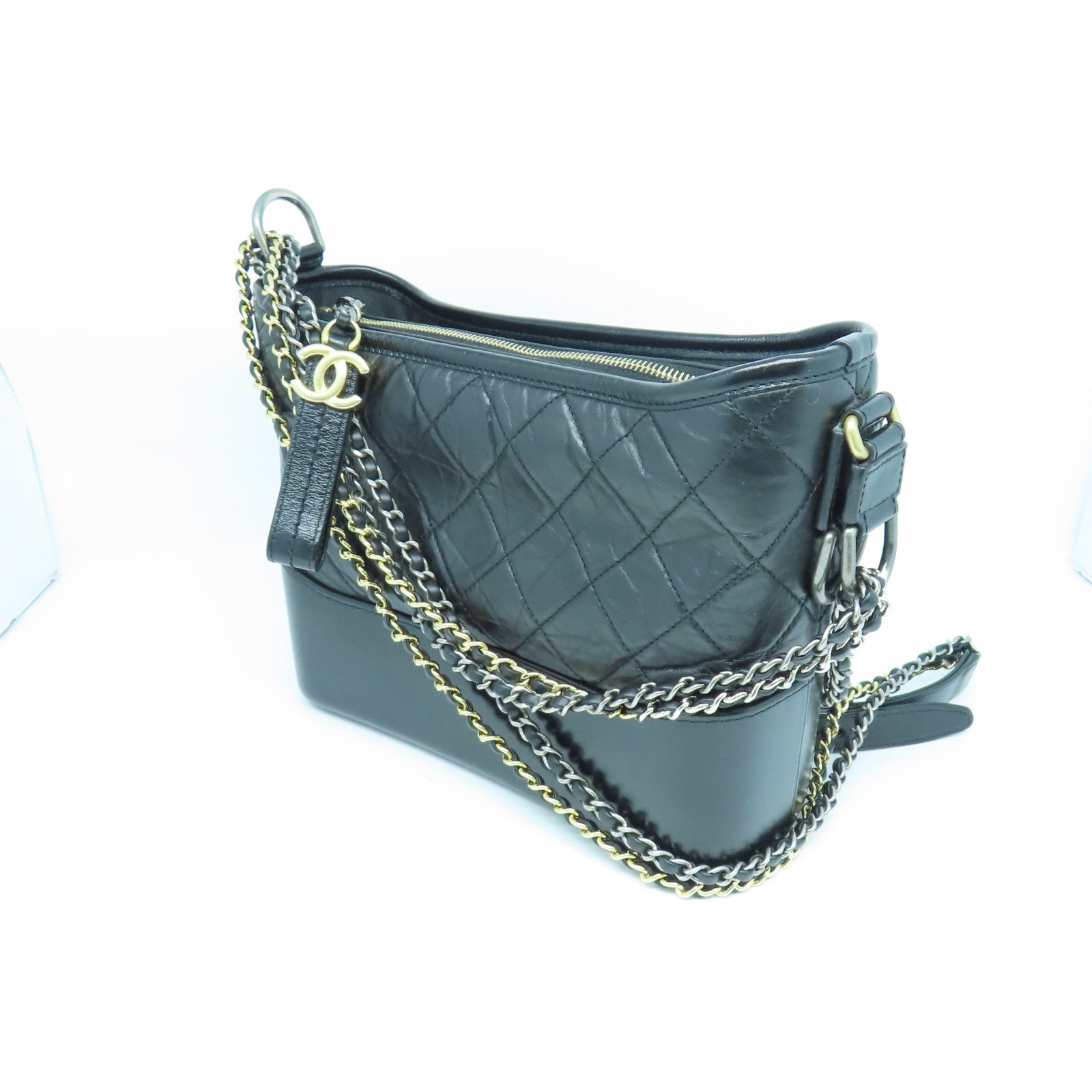 CHANEL rhombic cowhide leather Gabrielle gold and silver buckle chain shoulder bag black