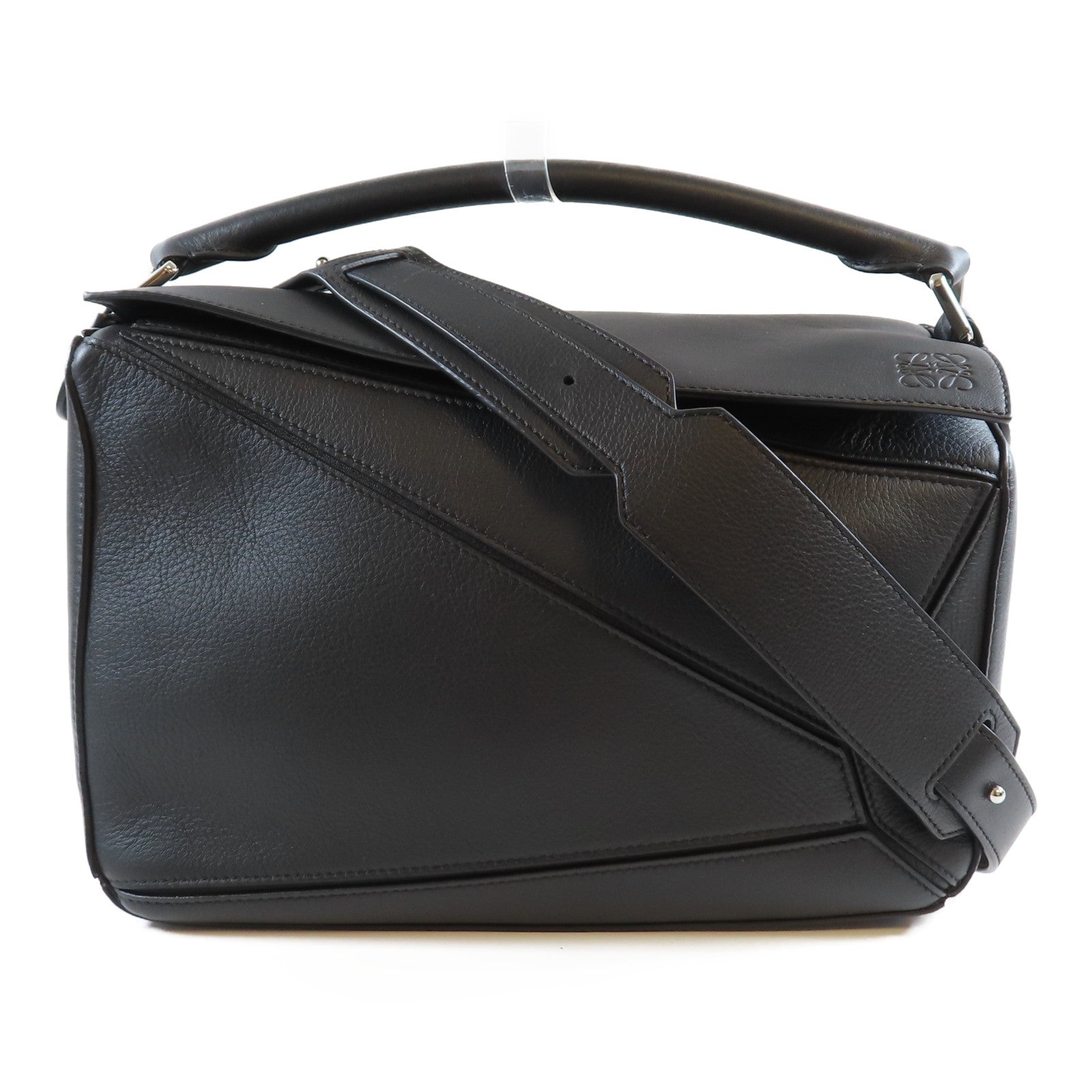 LOEWE 牛皮皮革Puzzle銀扣手挽肩背兩用袋黑色