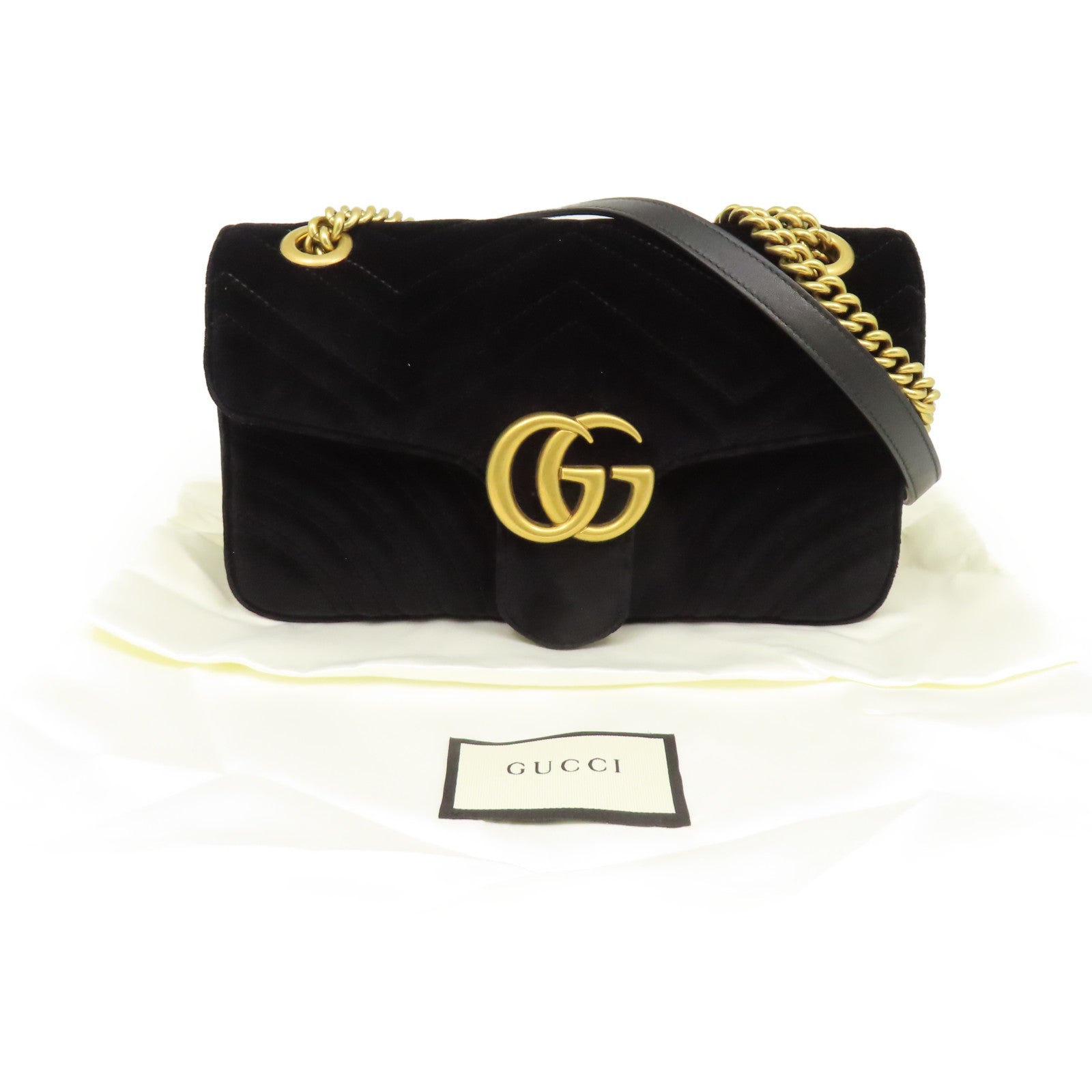 GUCCI 天鵝絨GG Marmont Chain Shoulder Bag金扣鏈帶肩背袋黒色