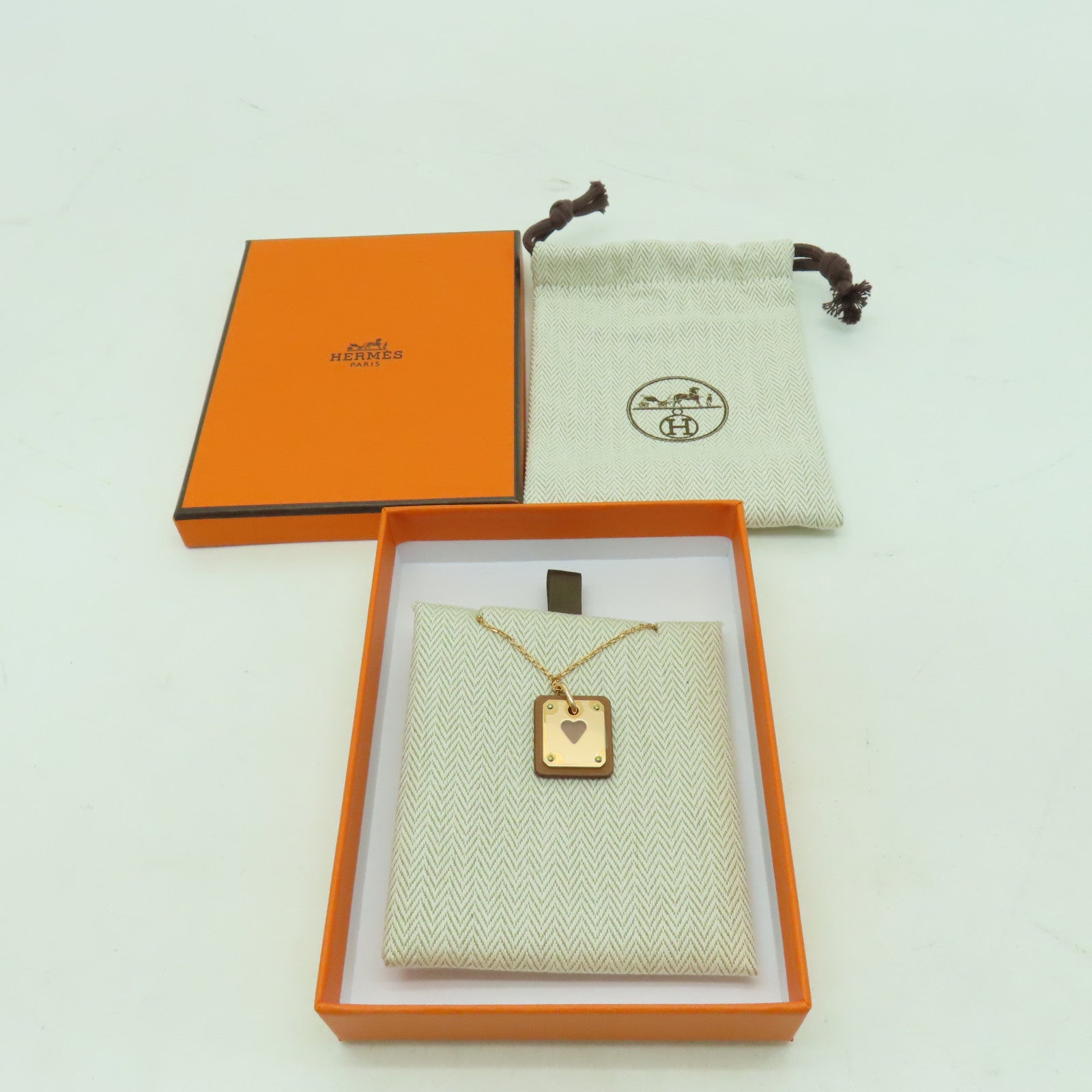 HERMES Swift皮革/金屬As De Coeur Necklace項鍊啡色/金色