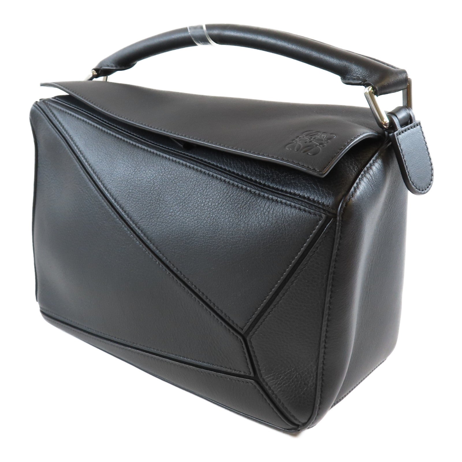 LOEWE 牛皮皮革Puzzle銀扣手挽肩背兩用袋黑色