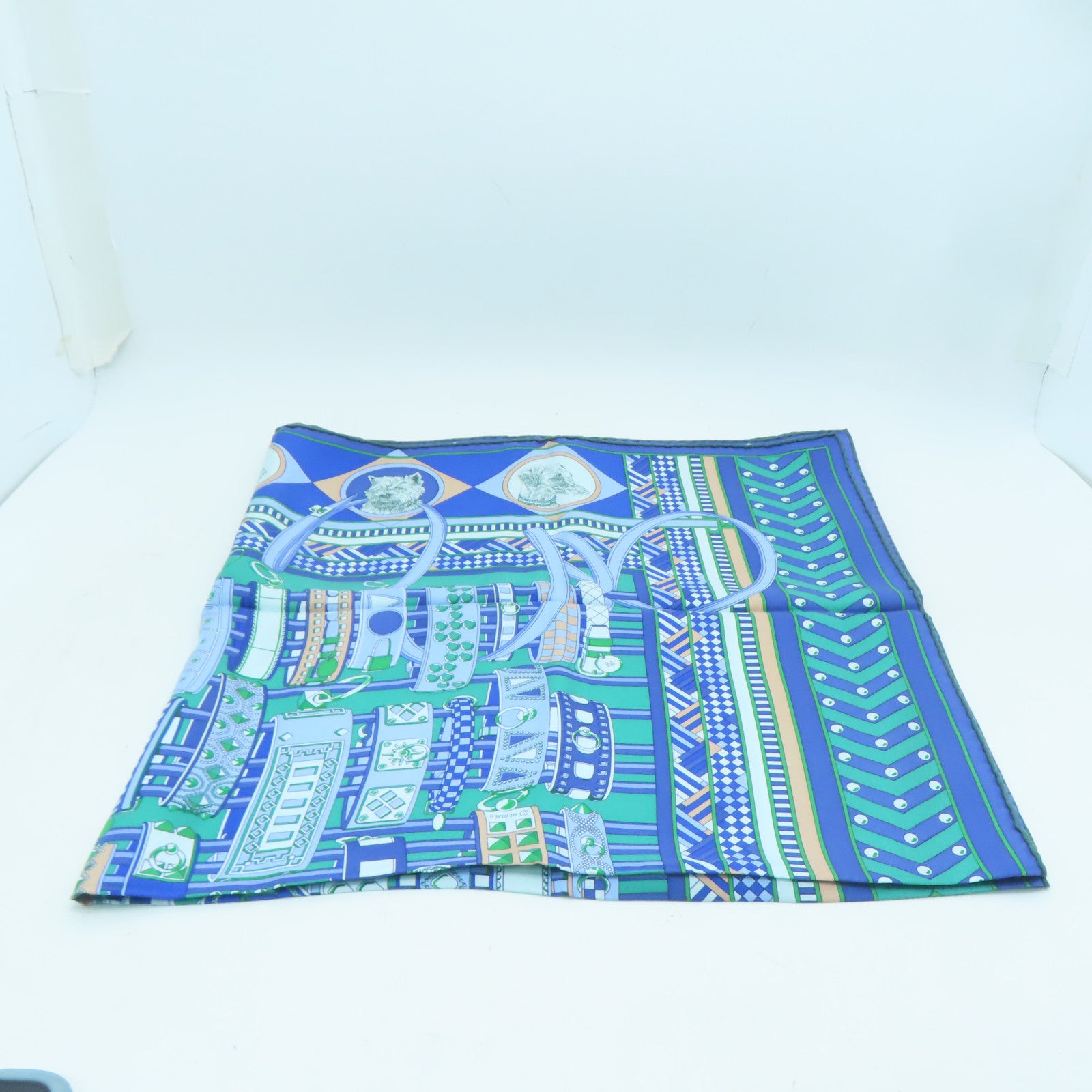 HERMES 絲質Scarf 90x90絲巾藍色/綠色