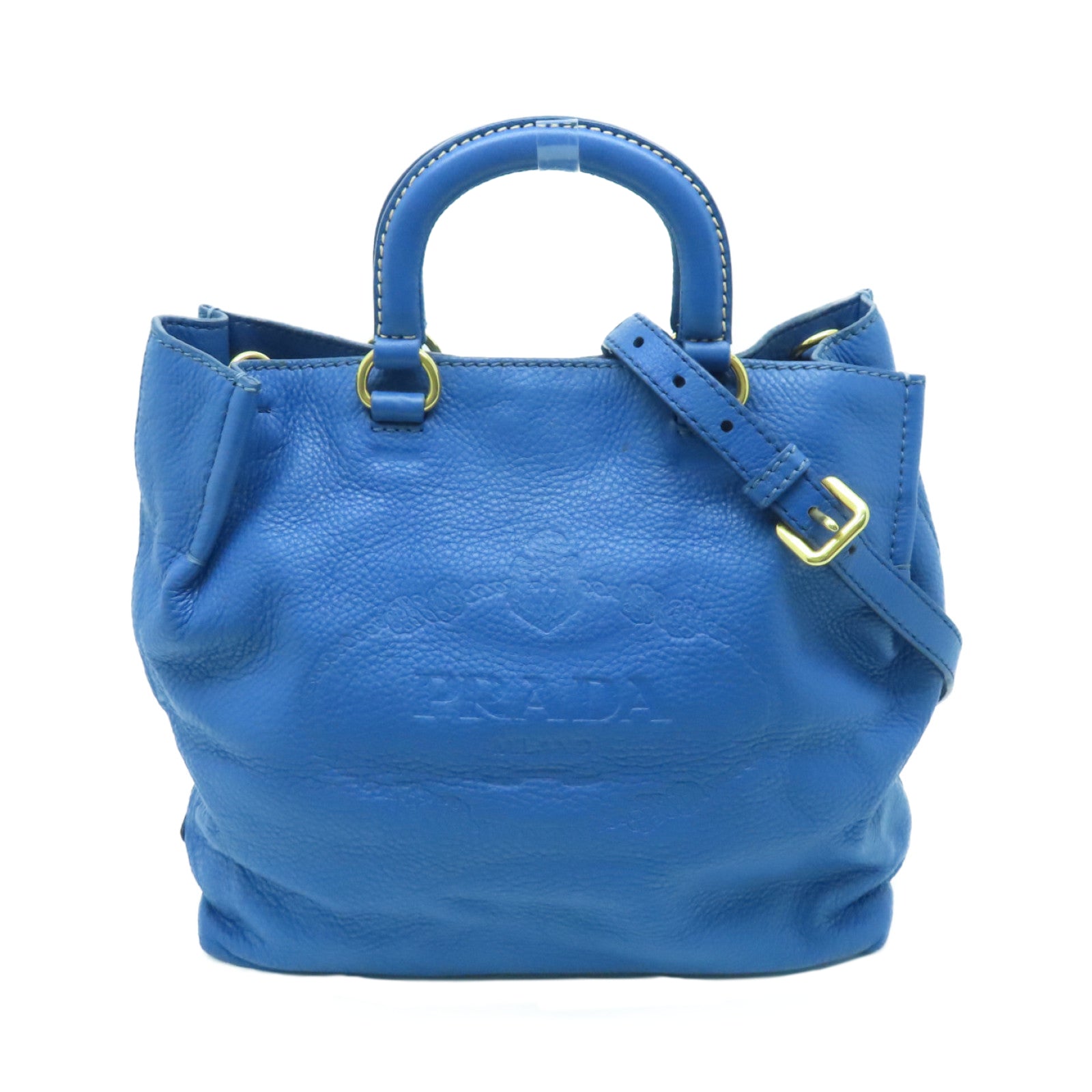 PRADA cowhide leather Shoulder Bag gold buckle handle shoulder bag blue