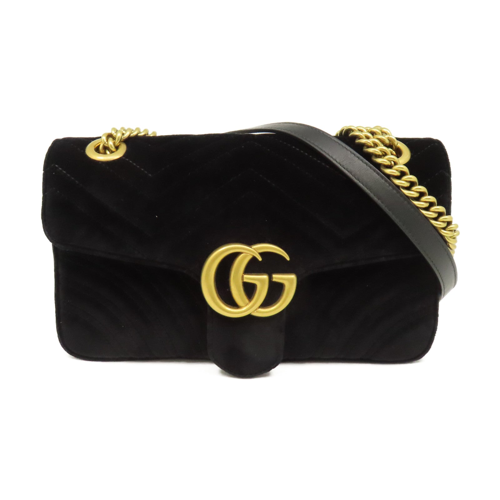 GUCCI 天鵝絨GG Marmont Chain Shoulder Bag金扣鏈帶肩背袋黒色