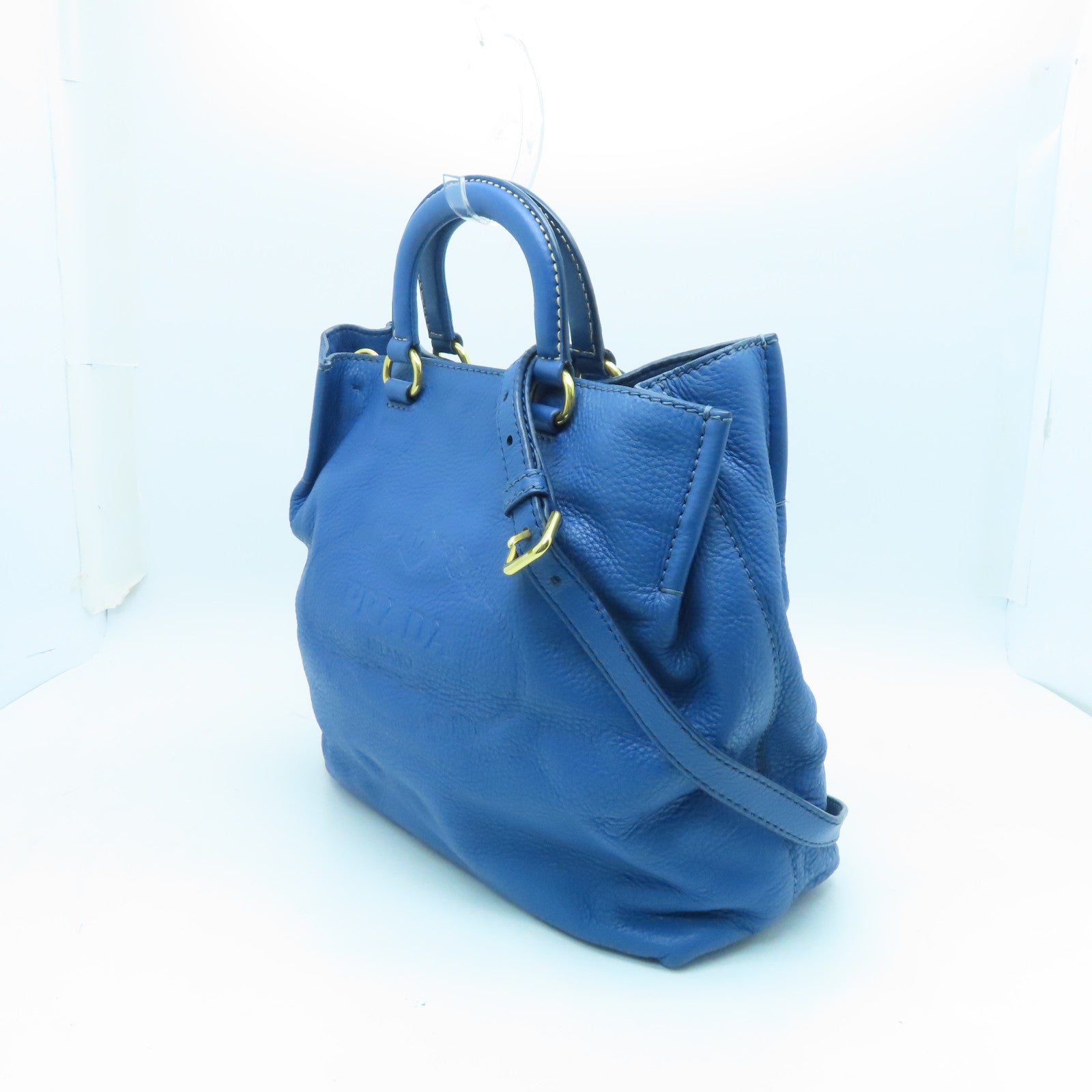 PRADA cowhide leather Shoulder Bag gold buckle handle shoulder bag blue