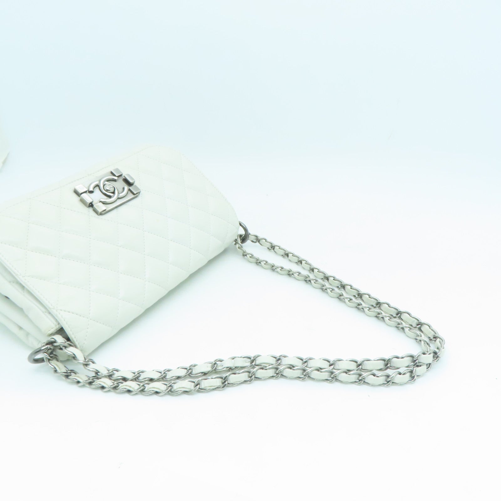 CHANEL 菱格牛皮皮革Shoulder Bag銀扣鏈帶肩背袋白色